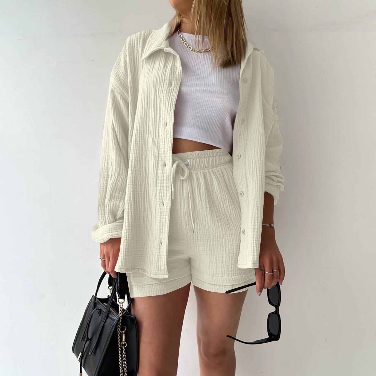 Women's 2-Piece Summer Outfit Set - Long Sleeve Shirt & Shorts for Beach, Vacation & Casual Wear | Breathable Holiday Leisure Top & Bottom Set