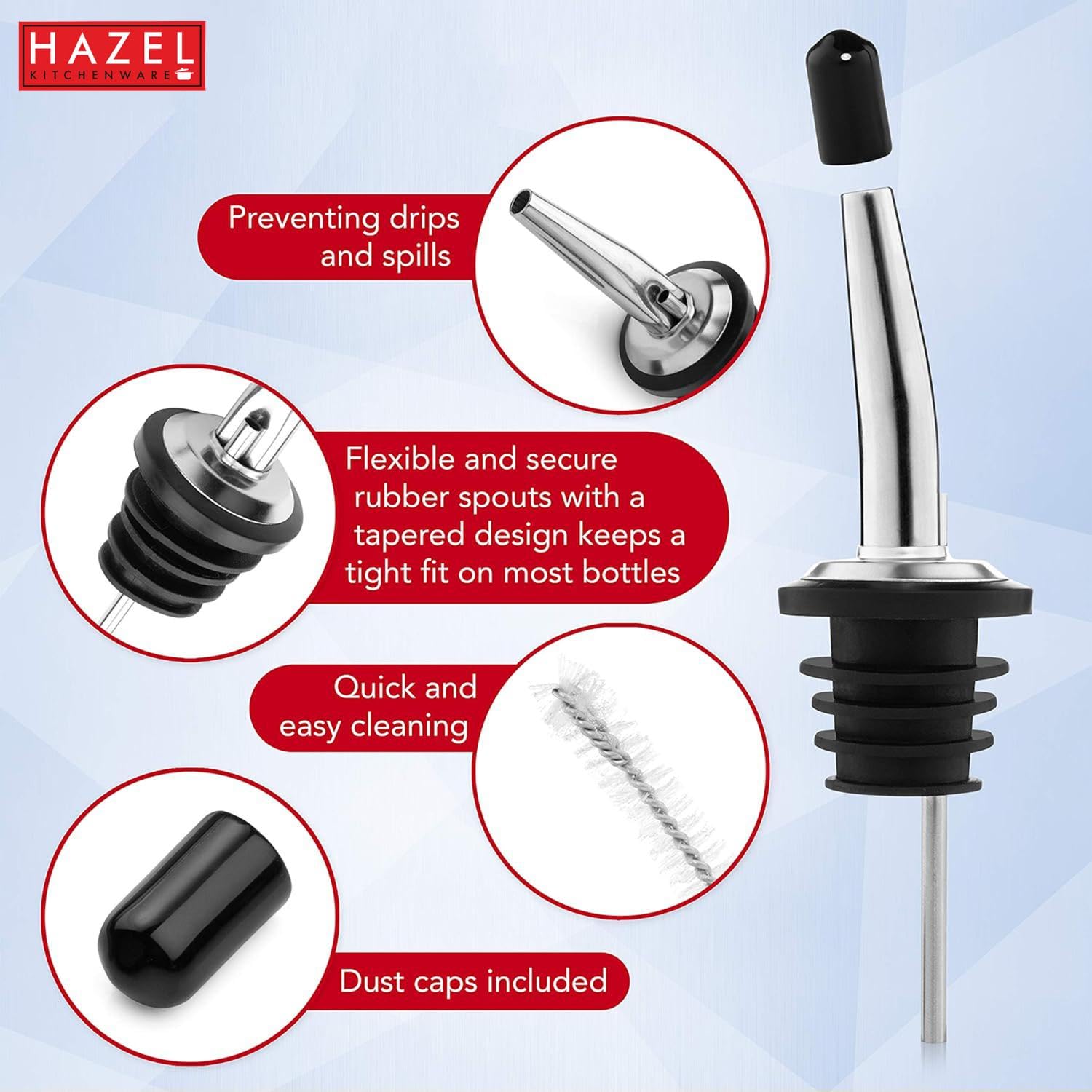 Premium HAZEL Stainless Steel Bottle Pourer - Universal Metal Wine/Liquor Pour Spout for Glass Bottles - Perfect for Bars, Restaurants & Home Entertaining