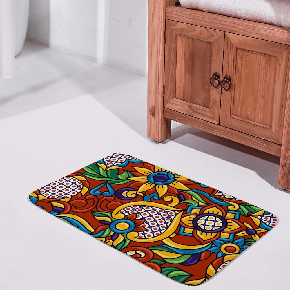 Non-Slip Water Absorbent Bath Rug - Coral Velvet Bathroom Mat with Memory Foam, Machine Washable, Mexican Talavera Ethnic Folk Design, 23.6x15.7 Inch - Perfect for Bathroom, Shower, and Vanity Areas