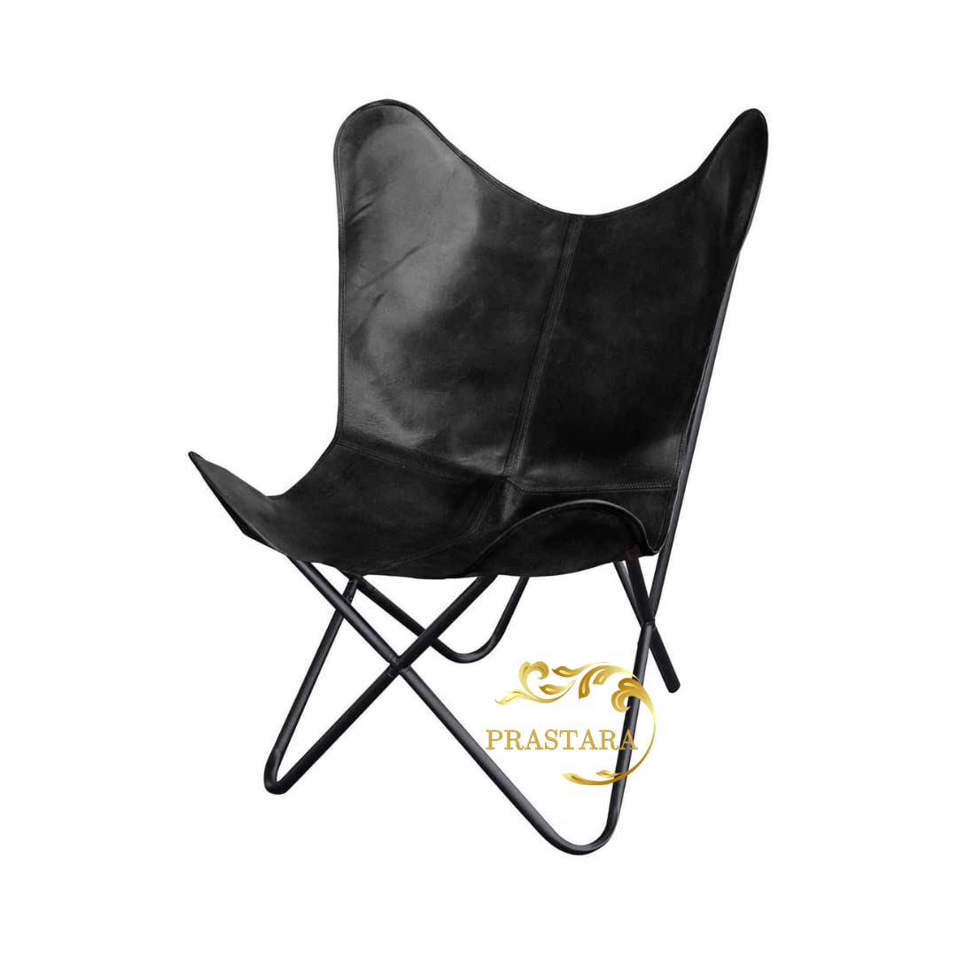 **Vintage Leather Butterfly Chair - Hand-Stitched Tan Side, Powder-Coated Folding Iron Frame - Relaxing Lounge Chair for Living Room, Bedroom, or Patio - Home Décor & Boho Style Accent (Plain Black)**