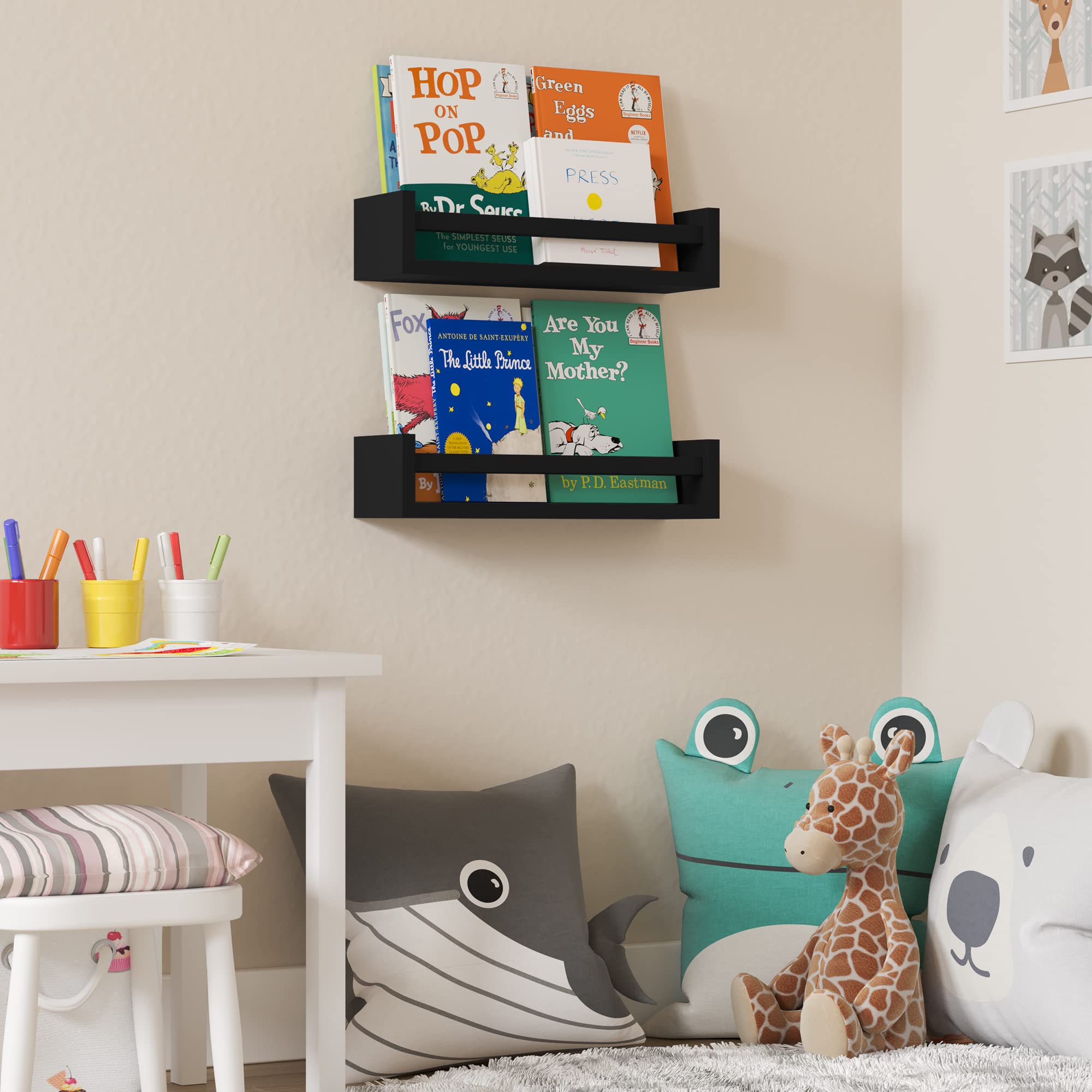Wallniture Utah Floating Shelves Set of 2 - Modern Wood Wall Shelves for Kids Books, Picture Frames & Nursery Decor - Black - Perfect for Bedroom, Living Room & Home Organization