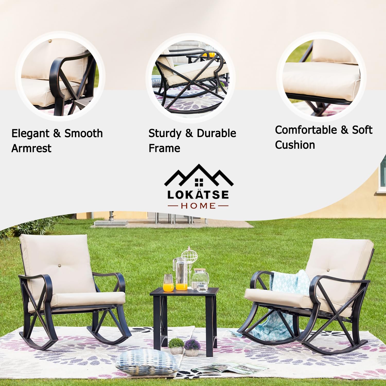 LOKATSE HOME 3-Piece Patio Furniture Set - Outdoor Rocking Chairs with Thick Cushions & Square Coffee Table, Durable Metal Steel Frame, Khaki - Perfect for Garden, Backyard, Porch and Balcony Relaxation