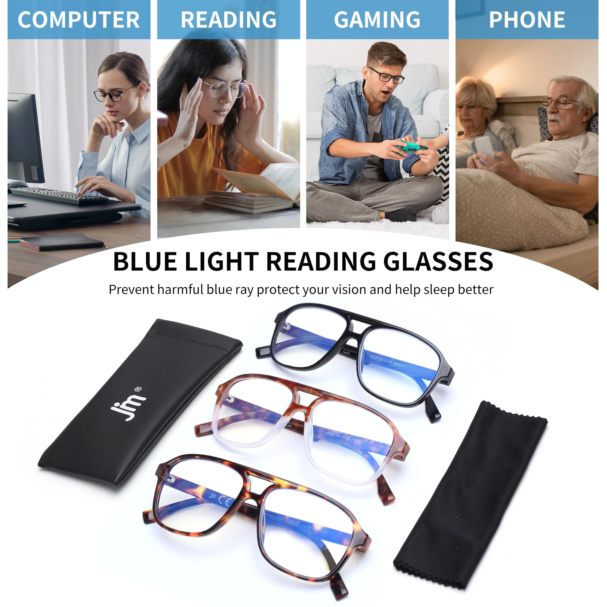 JM 3 Pack Oversized Aviator Reading Glasses for Women & Men - Retro Square Blue Light Blocking Computer Glasses for Reading, Working & Screen Use