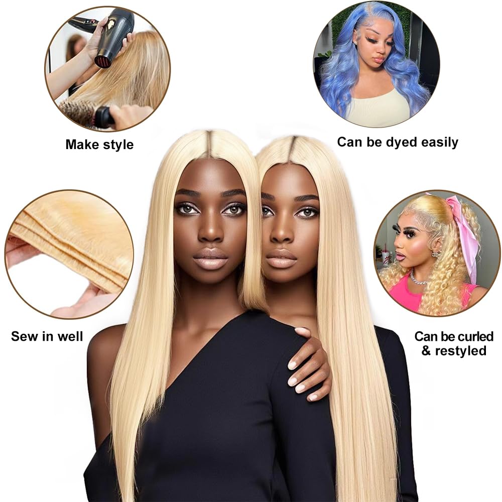 YAREESONG 12A Grade 100% Unprocessed Brazilian Virgin Blonde 613 Human Hair Extensions 24 26 28 Inch 300g Bundles for Women - Perfect for Styling, Weaves, and Special Occasions