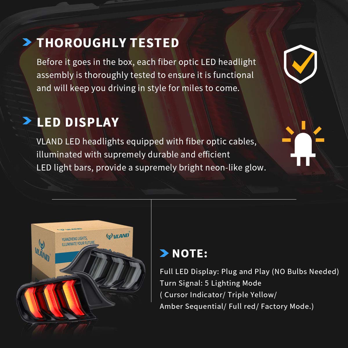 VLAND LED Tail Lights Compatible with Ford Mustang 2015-2020 - Sequential Amber/Red Turn Signals, 5 Lighting Modes, Smoke Lens (Driver & Passenger Side) - Upgrade Your Mustang's Style & Safety for Night Driving & Car Shows