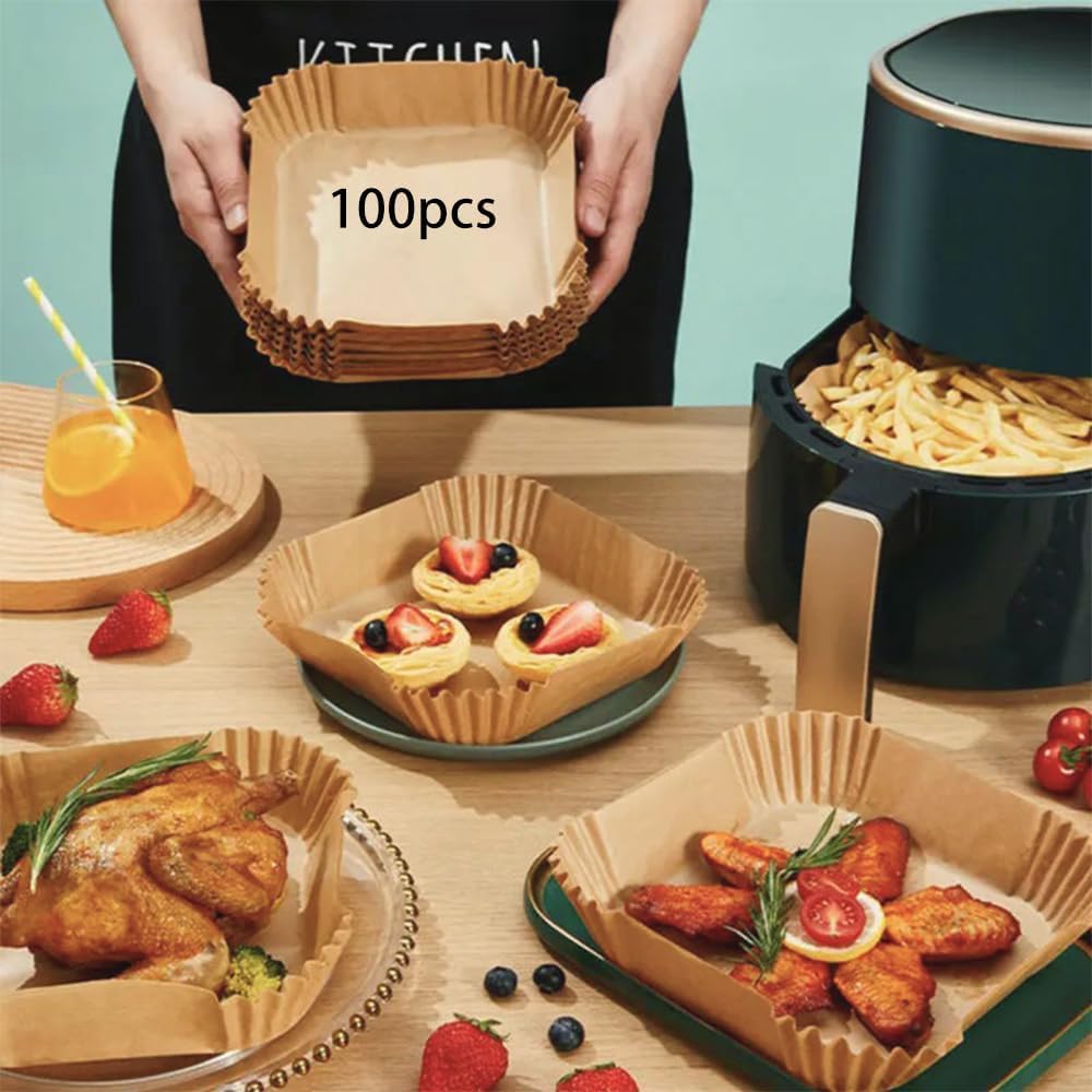 100Pcs 8-Inch Square Air Fryer Paper Liners - Non-Stick, Oil-Proof Parchment Sheets for 5-8 QT Air Fryers & Microwave Safe - Perfect for Healthy Cooking, Reheating & Baking Snacks