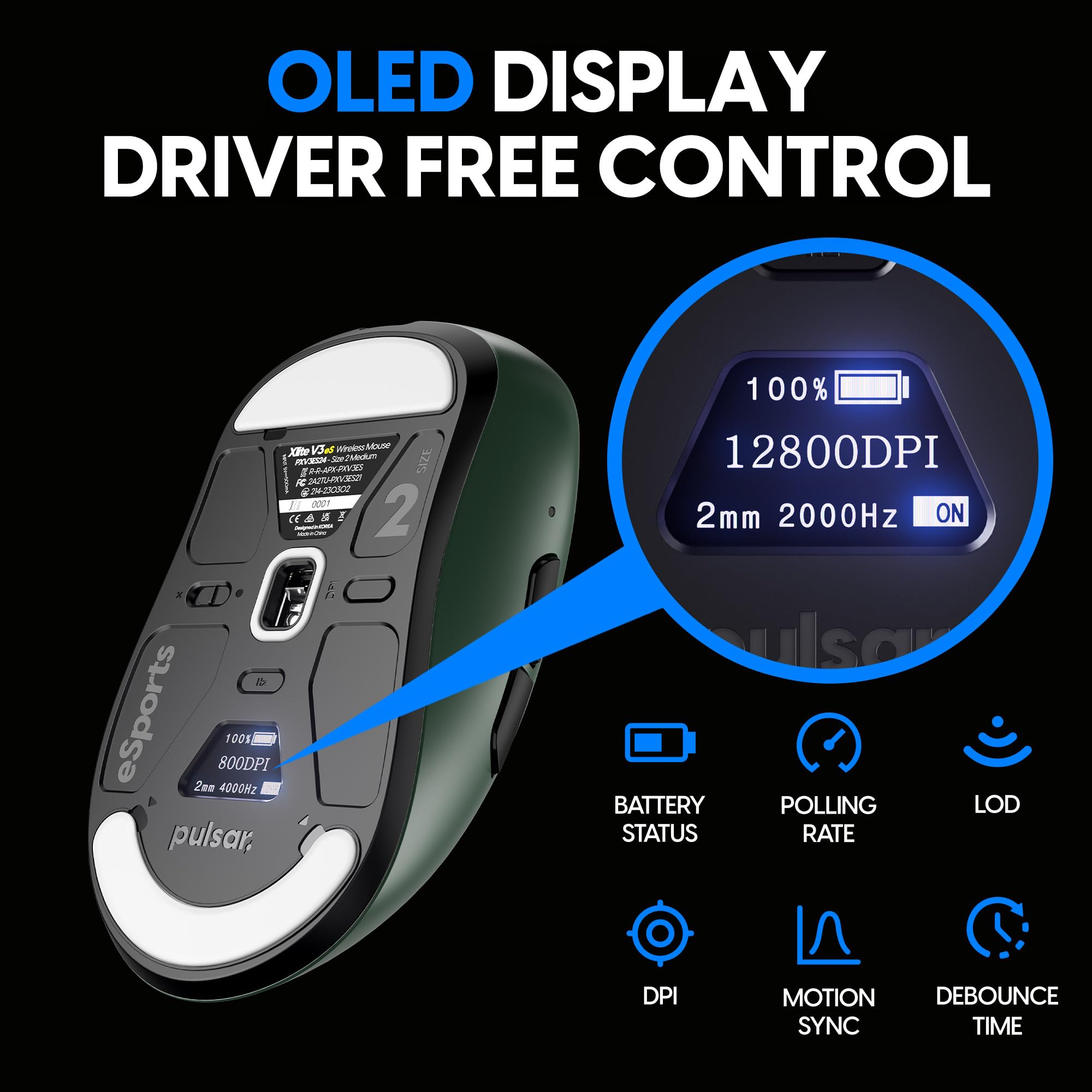 Pulsar Xlite V3 ES Wireless Gaming Mouse - 65g Lightweight, Right-Handed, OLED Display, 4K Dongle, 2.4GHz, 4K/8K Polling Rate, PAW3395 26K DPI Sensor, 100H Battery Life (Green) - Perfect for FPS, MOBA & Esports Gaming