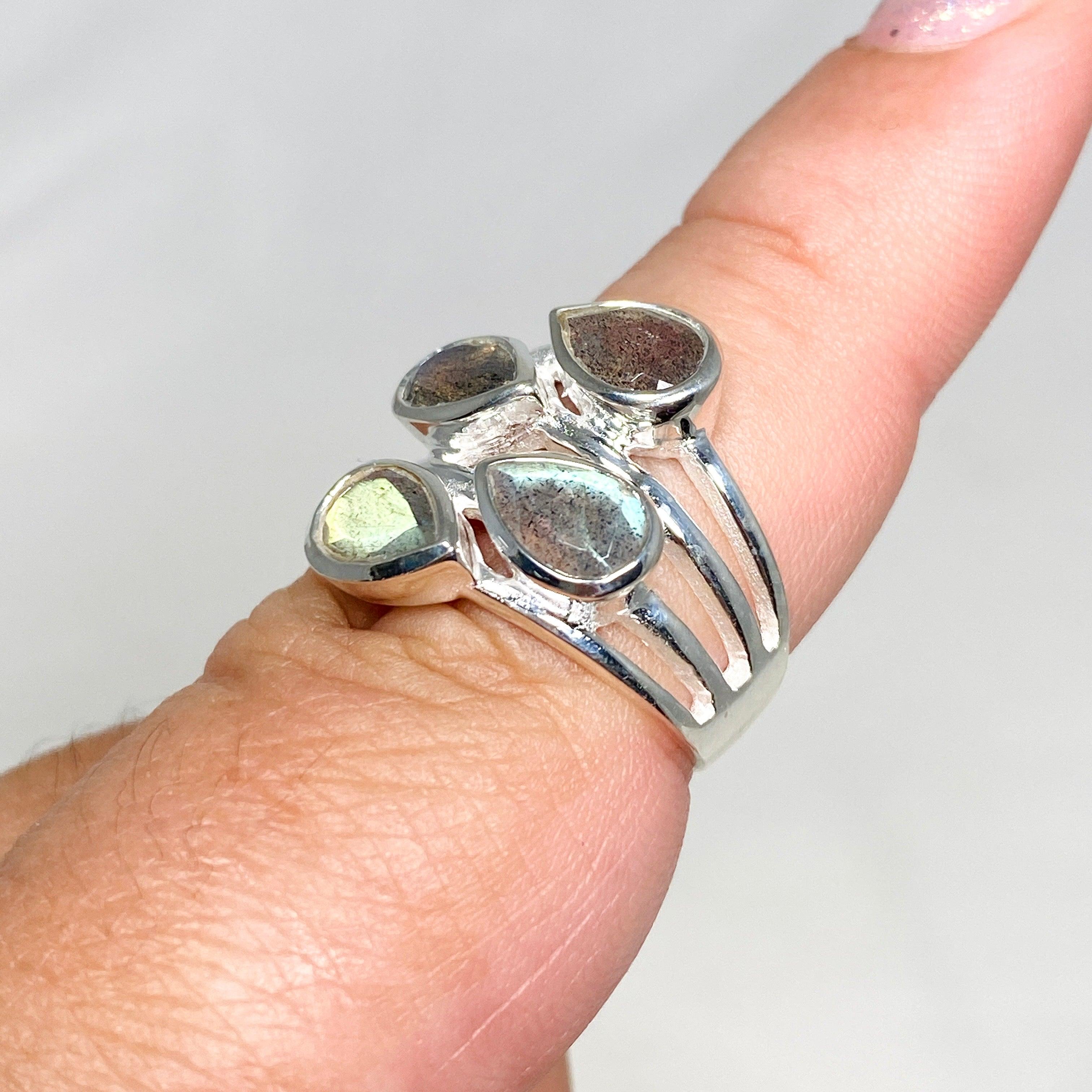 Labradorite Multi-Stone Faceted Teardrop Ring R3815 - Elegant Crystal Jewelry for Women, Perfect for Weddings, Parties & Special Occasions