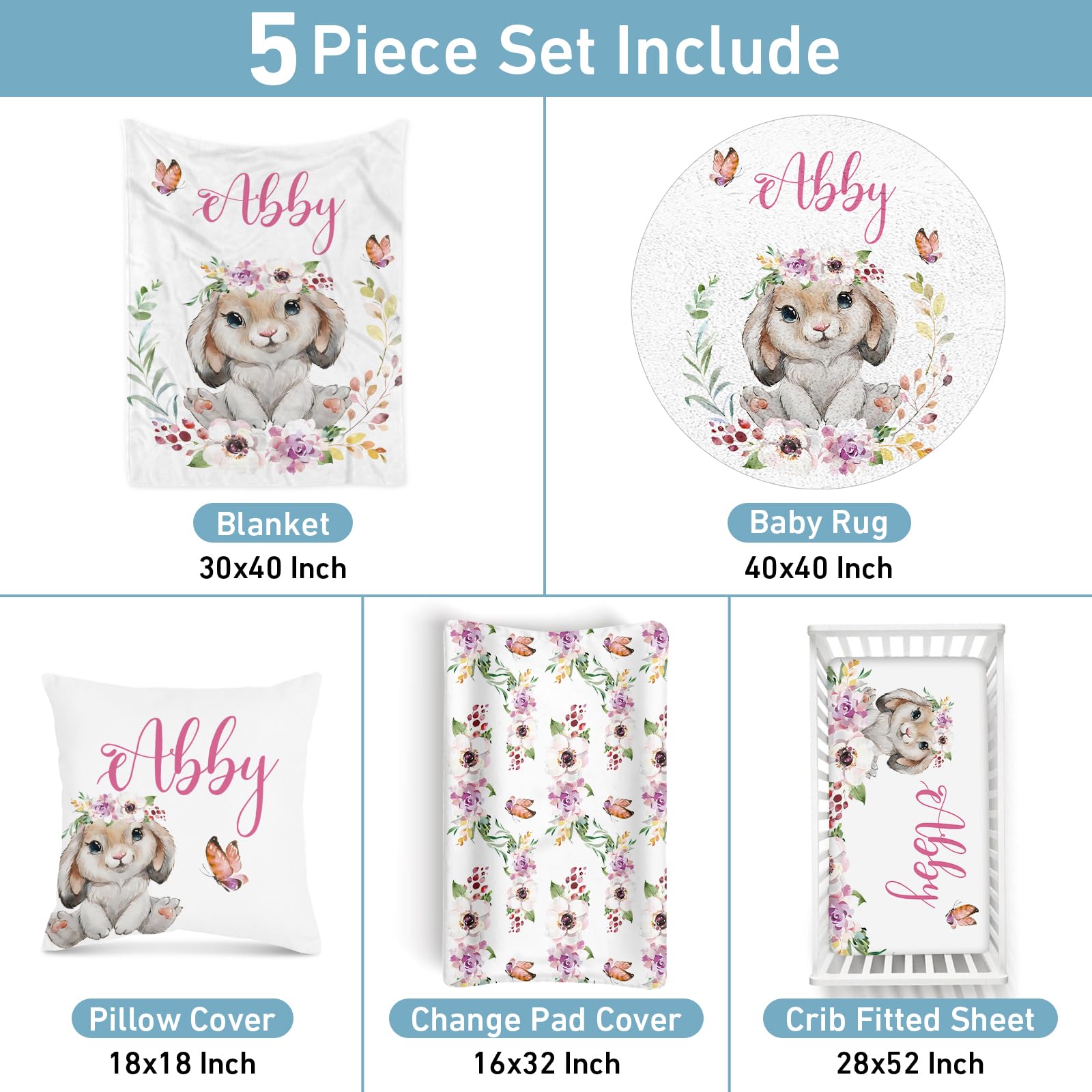 Lanleay Personalized Baby Girl & Boy Crib Bedding Set - 5 Piece White Rabbit Nursery Set with Custom Name, Tummy Time Mat | Soft Infant Bedding for Newborns & Toddlers | Perfect Baby Shower Gift & Nursery Decor