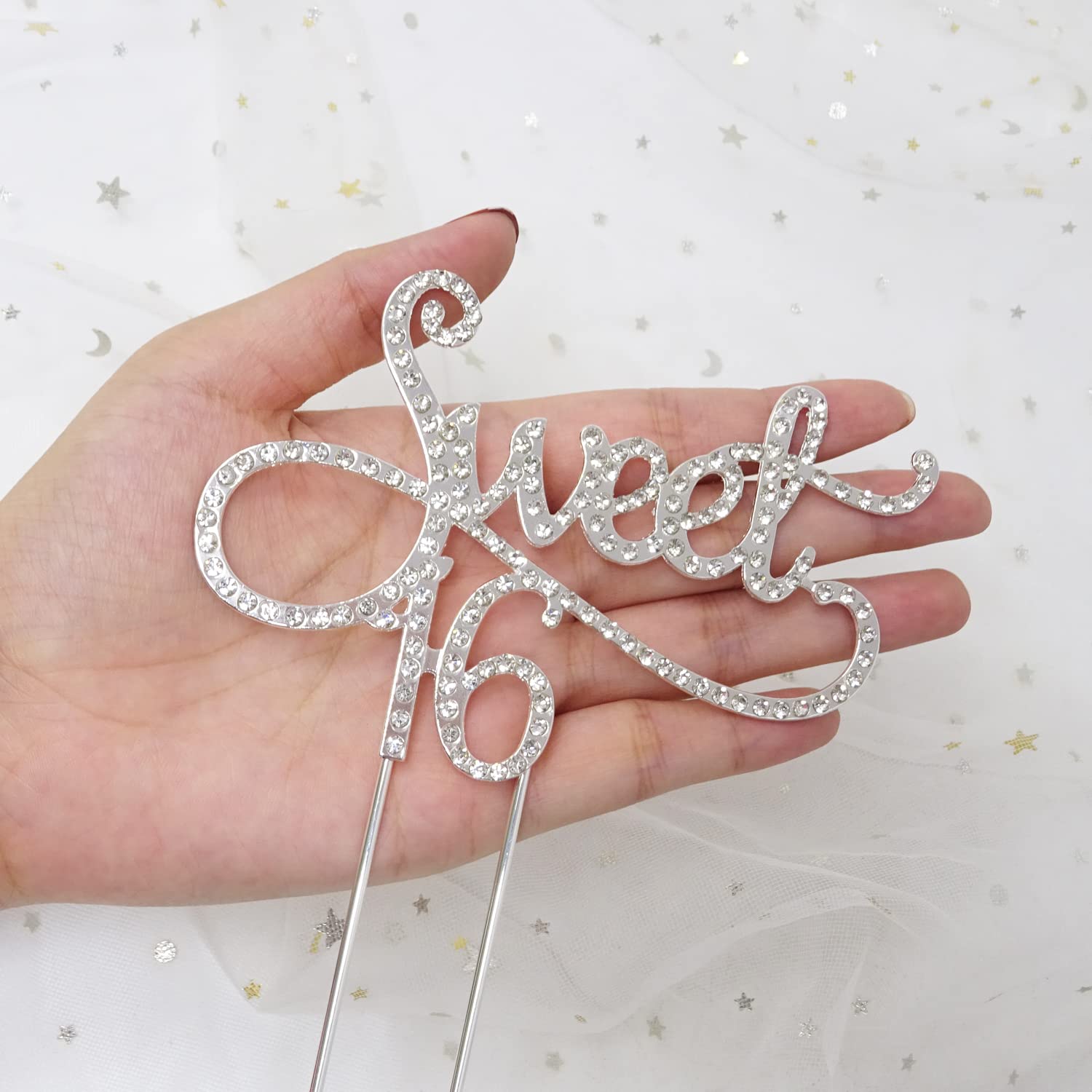 Honbay Sweet 16 Cake Topper - Premium Sparkly Crystal Rhinestone Birthday Cake Decoration for 16th Birthday Party (Silver) | Perfect for Quinceañera, Sweet Sixteen Celebrations & Milestone Birthday Cakes