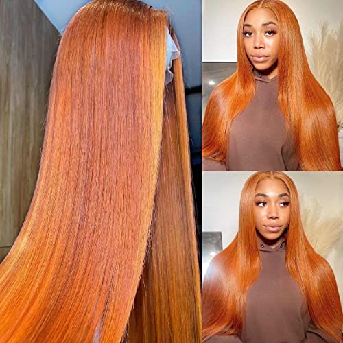 13x4 HD Lace Front Wig Human Hair Brazilian Remy Straight 26 Inch Orange Ginger - Pre Plucked Hairline with Baby Hair for Natural Look | Perfect for Daily Wear, Cosplay & Special Occasions