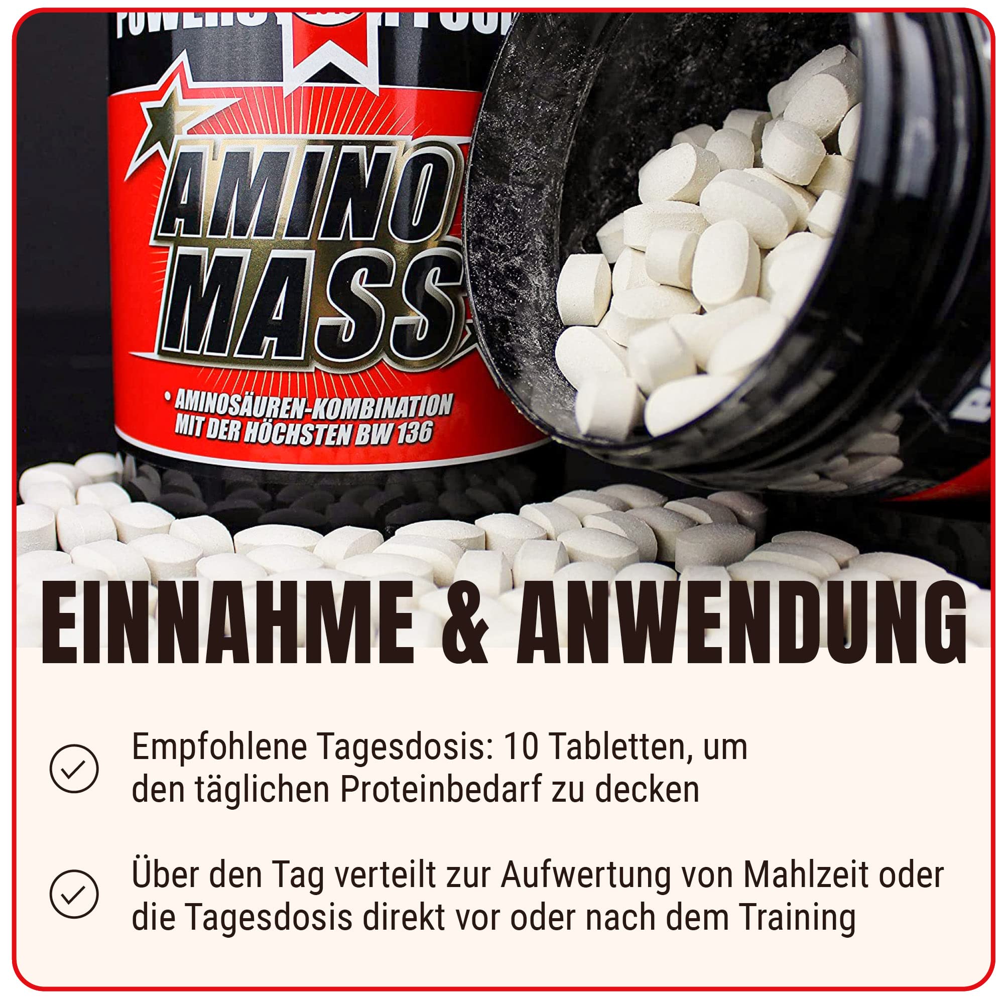 Powerstar AMINO MASS | High-Dose Amino Acid Complex | 500 Tablets | World's Highest Biological Value 136 | Muscle Building, Workout & Protein Supplement | German Made | Perfect for Bodybuilding, Fitness Training & Post-Workout Recovery