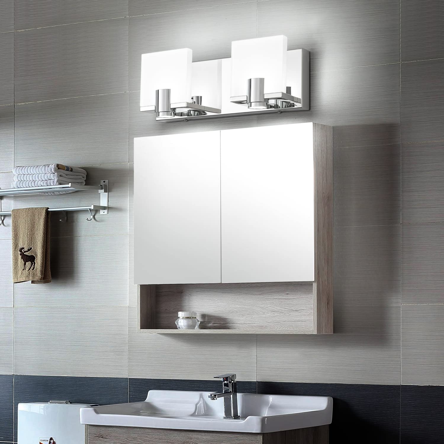 Modern Dimmable LED Bathroom Vanity Light Fixture - 2 Light Chrome Wall Sconce, Adjustable Brightness, Cool White 6000K - Perfect for Bathroom, Powder Room, and Dressing Area Lighting