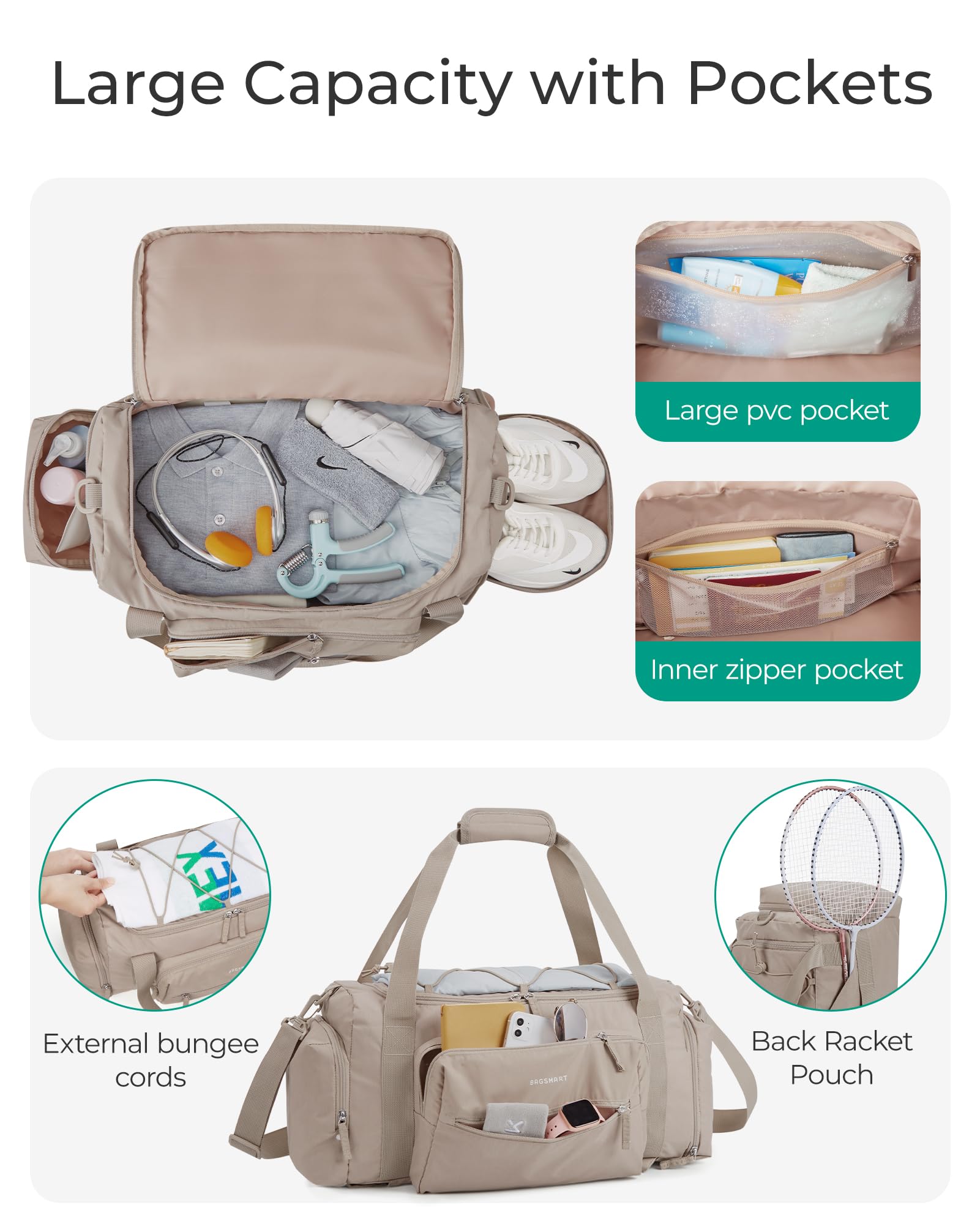 BAGSMART 4-in-1 Gym Bag for Women - Lightweight TSA Approved Duffle Bag with Shoe Compartment & Wet Pocket - 30L Water Resistant Carry On Weekender Bag & Backpack in Camel Color - Perfect for Gym, Travel, Workout & Weekend Getaways