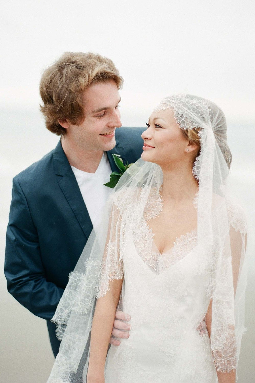 Mar Scalloped French Lace Juliet Veil in Ivory Silk Tulle | Elegant Wedding Veil for Brides | Perfect for Church Ceremonies & Romantic Photos