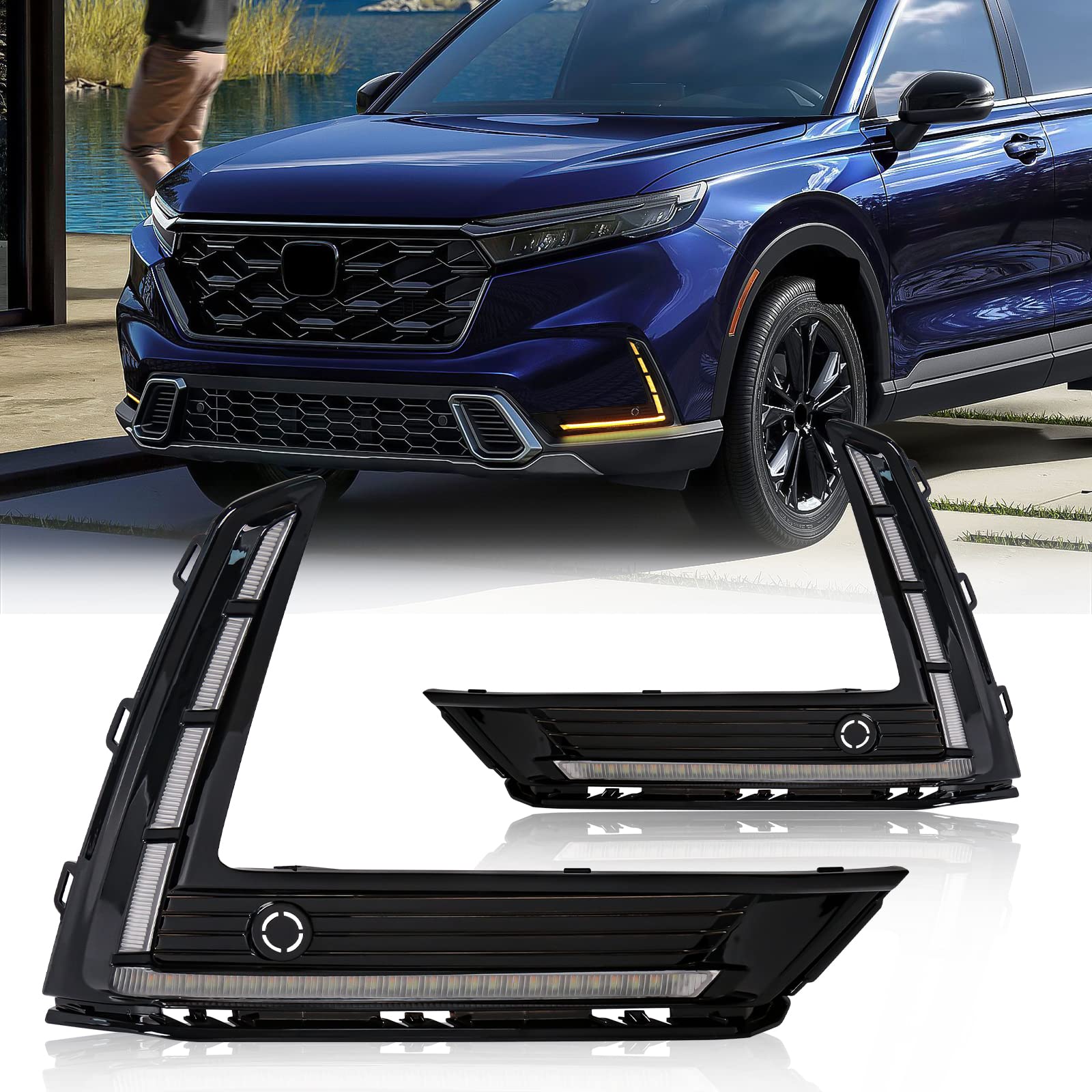 2023-2024 Honda CR-V LED Daytime Running Lights with Tri-Color Options & Sequential Turn Signals - DRL Fog Lamps with Bezel for Enhanced Visibility & Style (Perfect for City Driving, Night Safety & Custom Car Mods)