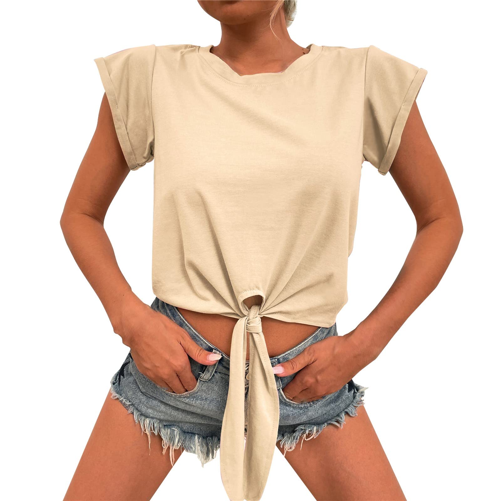 Women's Sexy Lace-Up Short Sleeve T-Shirt - Solid Beige Elegant Casual Top for Summer Outfits & Date Nights | Perfect for Pairing with Jeans or Skirts