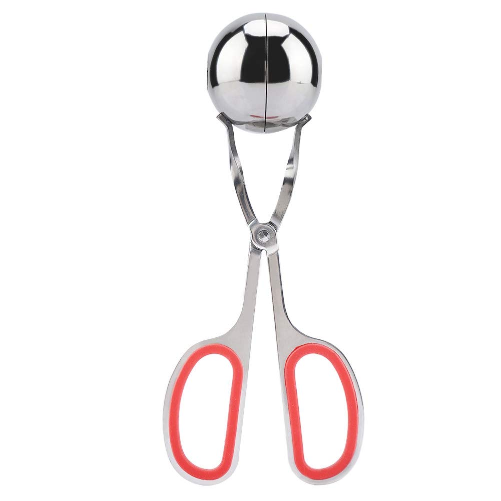 Non-Stick Stainless Steel Meatball Scoop & Ice Tongs - Rice Ball Maker, Cookie Scoop with Anti-Slip Rubber Handle (Red) - Perfect for Cooking, Baking, and Serving Meatballs, Ice Cubes, Cookies