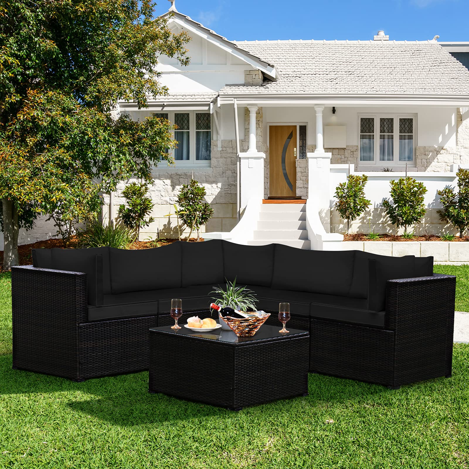 Tangkula 6-Piece Outdoor Patio Furniture Set - All-Weather Wicker Rattan Sectional Sofa with Tempered Glass Coffee Table & Cushions - Perfect for Backyard, Garden, Balcony, Poolside Relaxation (Black) | Ideal for Outdoor Entertaining, Lounging, and Family Gatherings