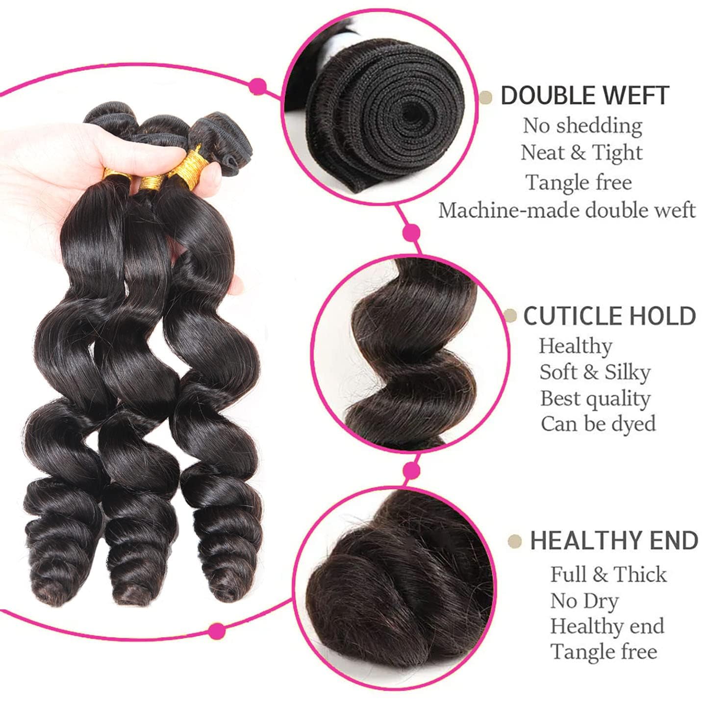 12A Brazilian Human Hair Loose Wave Bundles - 3 Pack 100% Unprocessed Virgin Hair Extensions | Natural Black Deep Wave Weft Hair for Styling & Volume | Perfect for Daily Wear, Parties & Special Occasions