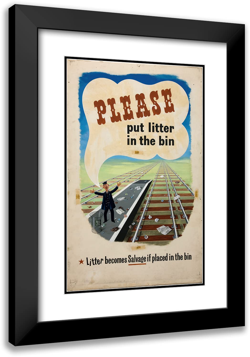 13x18 Black Modern Picture Frame with Double Mat - Vintage 'Please Put Litter in the Bin' Museum Art Print (1939-1946) - Perfect for Home Office Decor, Gallery Wall Display & Retro Interior Design