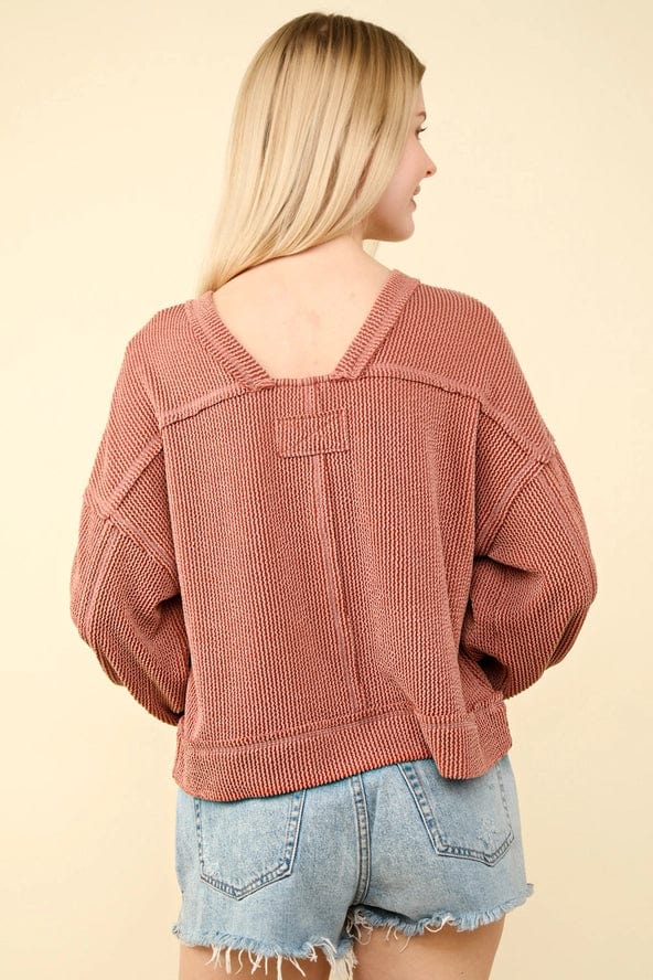 Stylish Rust Oversized Ribbed Long Sleeve T-Shirt for Women | Comfortable Fall & Winter Casual Wear | Perfect for Layering, Office, and Weekend Outfits
