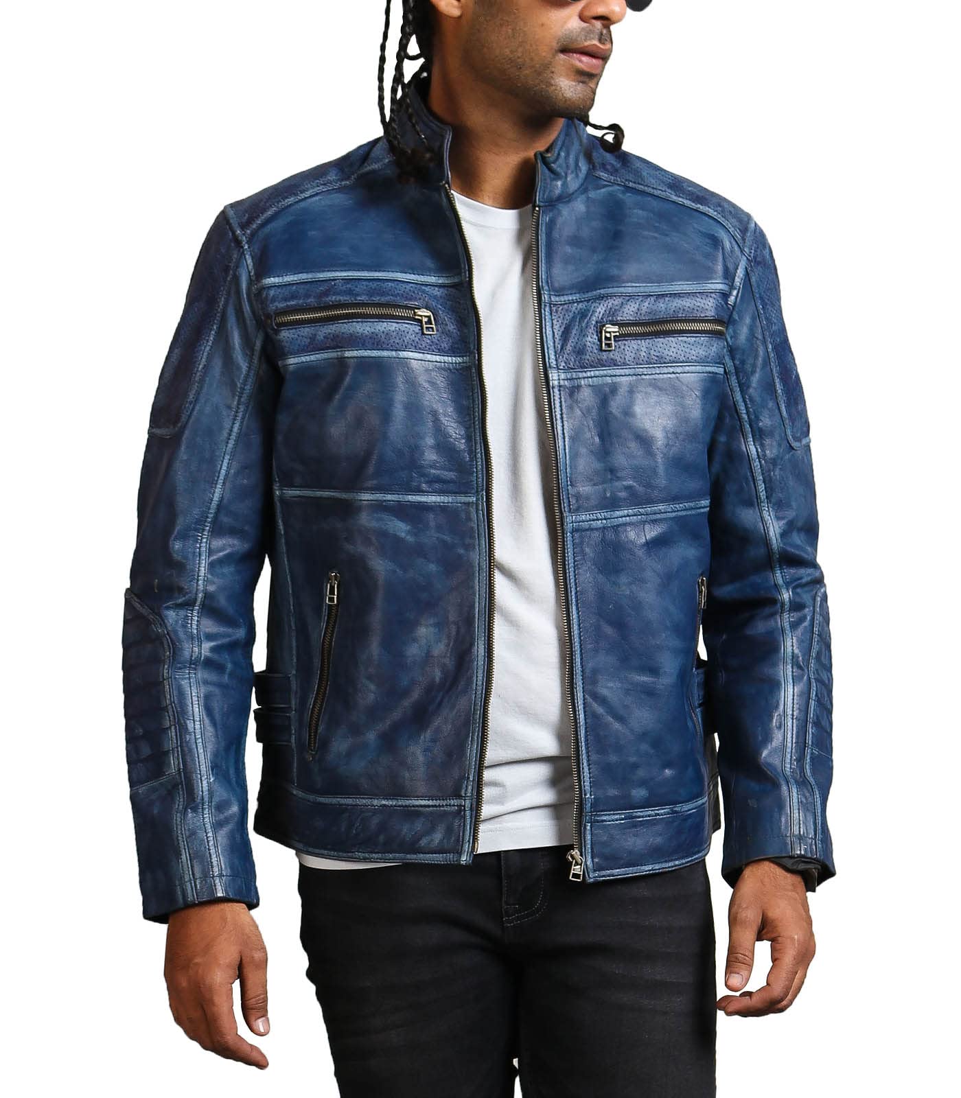 Men's Blue Cafe Racer Leather Jacket - Vintage Biker Style Motorcycle Jacket for Riding & Casual Wear