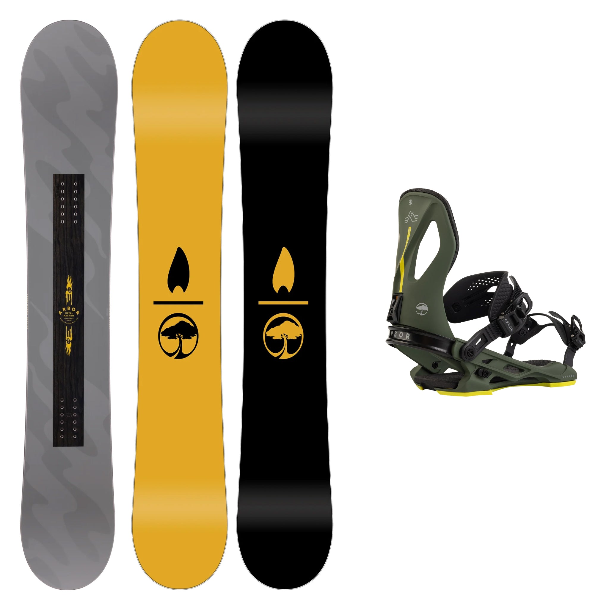 **2025 Arbor Metal Machine Camber Snowboard with Cypress Bindings - All-Mountain Freestyle Snowboard for Powder & Park Riding**