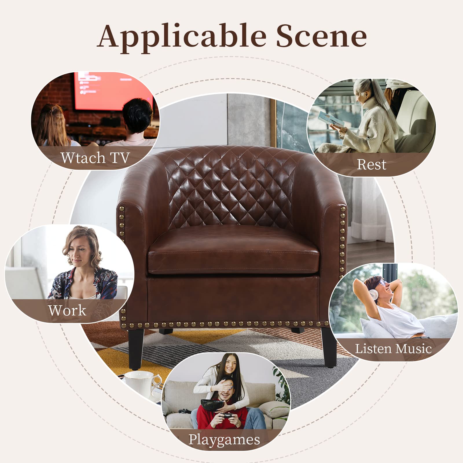 LETESA Barrel Accent Chair - Faux Leather Upholstered Club Chair with Nailhead Trim & Rubber Wood Legs, Diamond Tufted Bucket Seat for Living Room, Bedroom, Office - Brown Home Decor Furniture for Relaxing & Stylish Seating