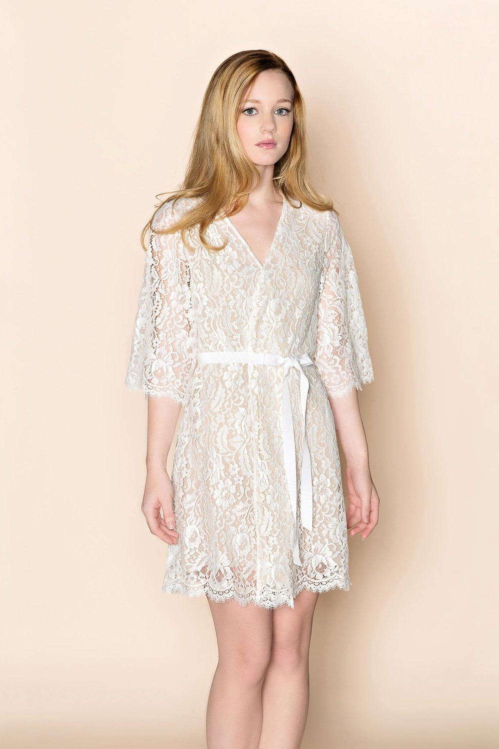 Elegant Kate French Lace & Silk Lined Wedding Robe Wrap - Ivory Nude Bridal Gown for Wedding Morning Preparation & Photoshoot