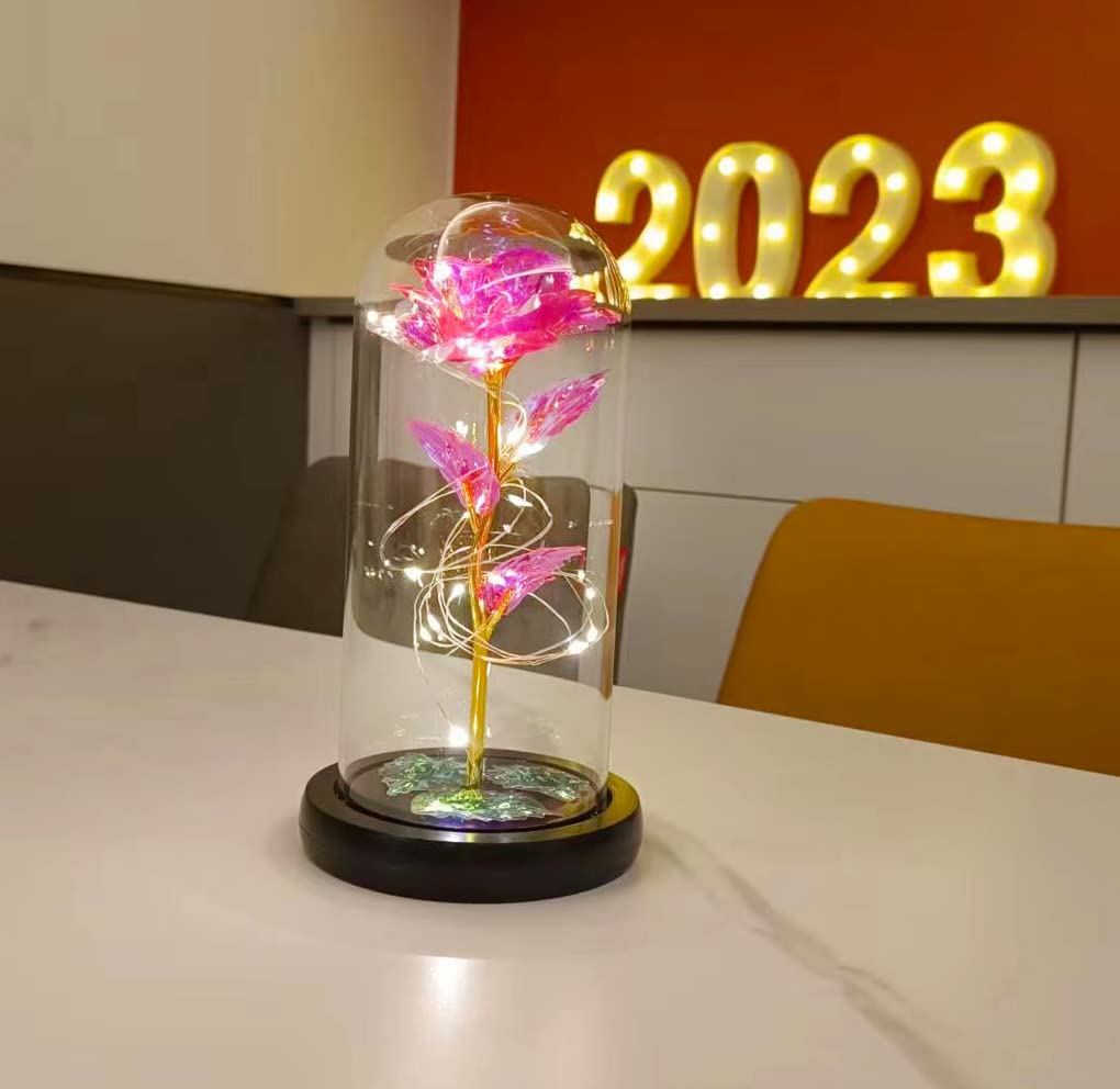 Romantic Valentine's Day Gifts for Her - Pink Rose in Glass Dome with LED Lights, Unique Birthday Anniversary Present for Wife, Girlfriend, Mom | Perfect for Bedroom Decor, Wedding Centerpiece & Special Occasion Gift Giving