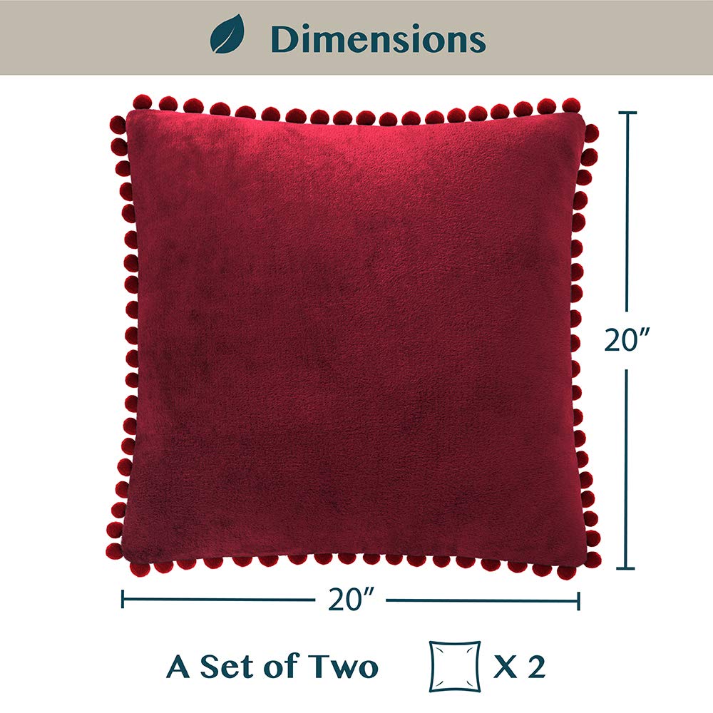 PAVILIA Burgundy Red Velvet Throw Pillow Covers 20x20 Inches - Set of 2 Decorative Pom Pom Pillow Cases for Sofa, Couch & Bedroom Decor | Soft Euro Plush Cushion Covers for Living Room, Bed Aesthetic & Home Styling