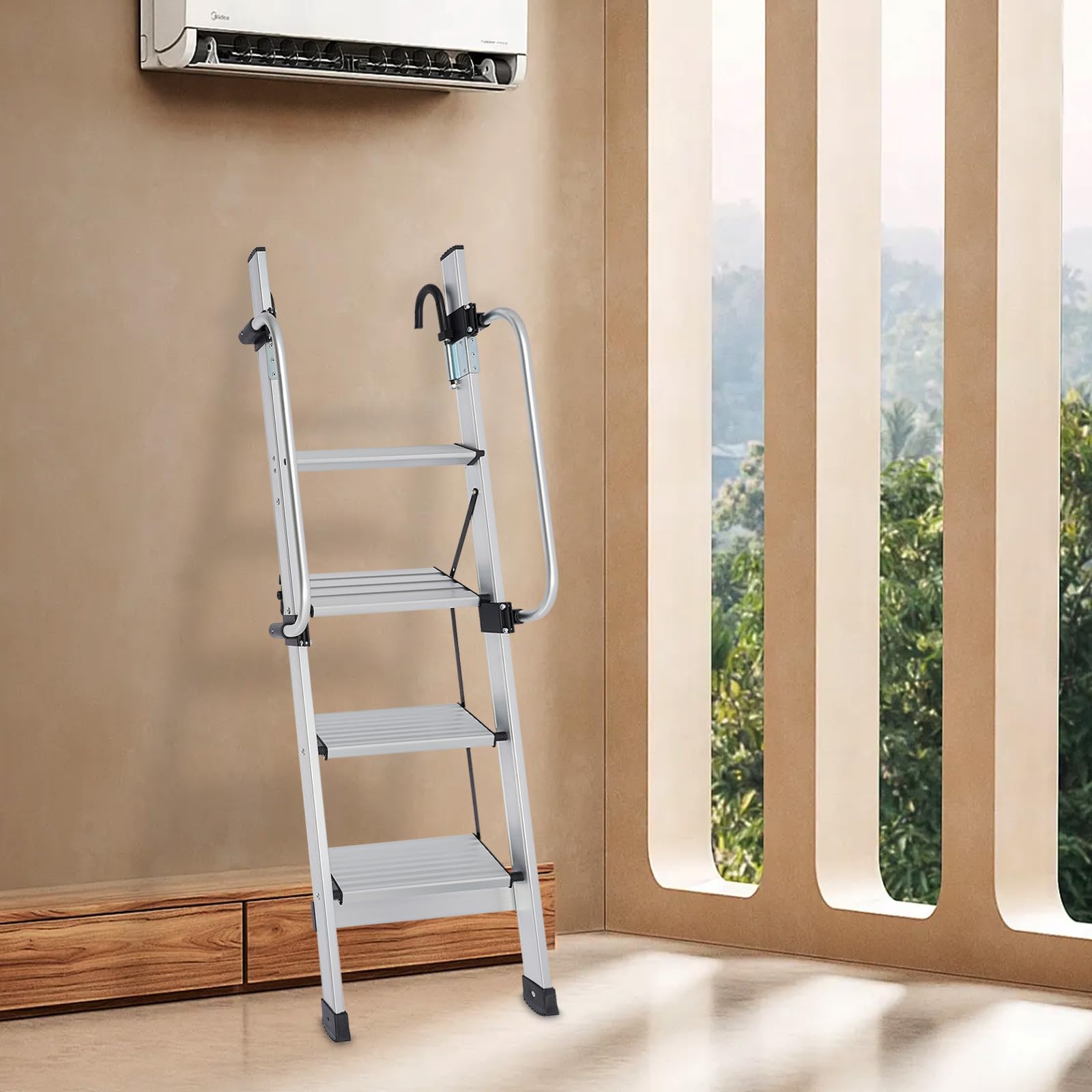 4-Step Aluminum RV Bunk Bed Ladder with Adjustable Handrail & Non-Slip Rubber Feet - Heavy Duty Loft Ladder for Campers, Trailers, Tiny Homes & Kids Bunk Beds (Silver)