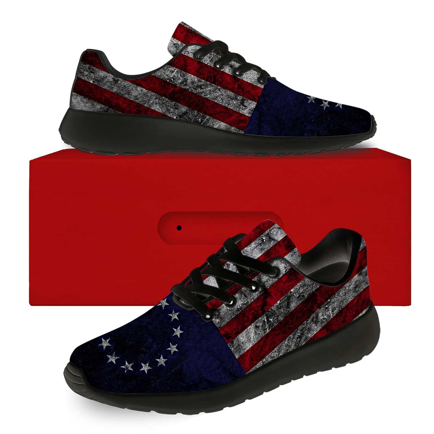 Betsy Ross Flag Sneakers for Men & Women - Patriotic Running Walking Tennis Shoes with American Flag Design - 4th of July Independence Day Gifts for Him Her - Size 9 Men/10.5 Women Black - Perfect for July 4th Celebrations, Parades & Patriotic Events