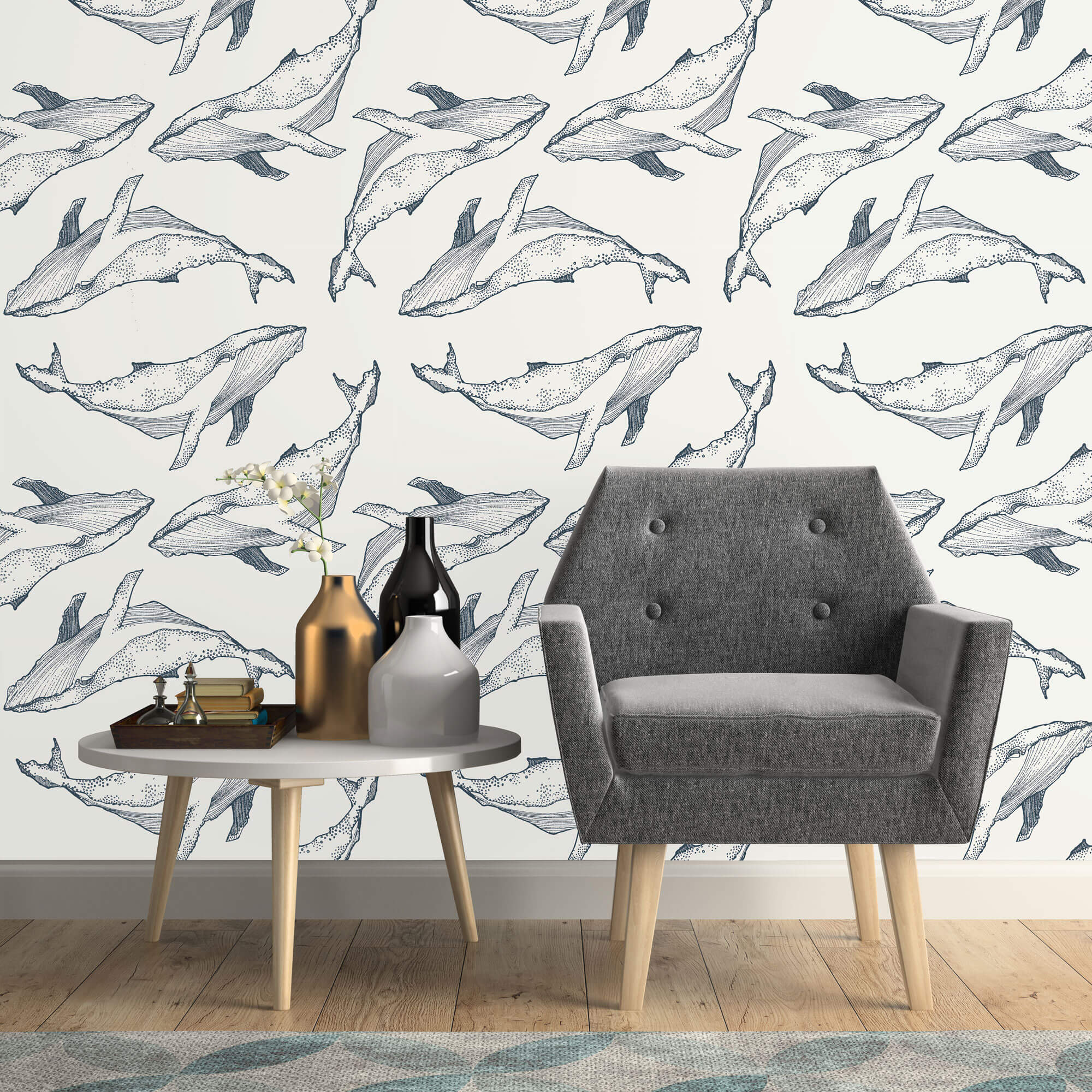 Navy Blue Fish Nautical Peel and Stick Removable Wallpaper - Self-Adhesive Waterproof Wall Decal for Bathroom, Nursery, Kitchen & Home Decor