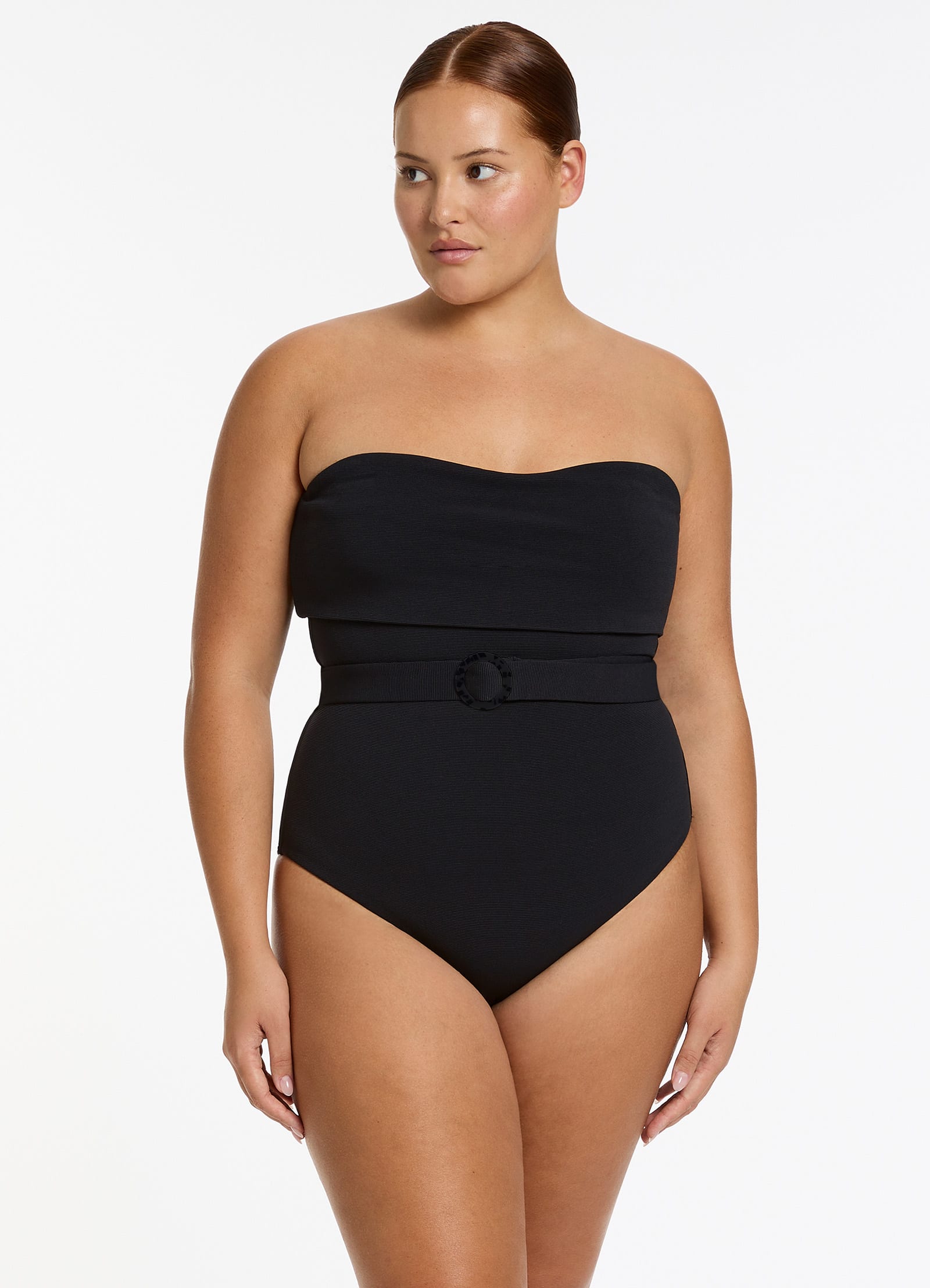 Isla Rib Fold Down Bandeau One Piece Swimsuit - Black | Women's Sexy Monokini for Beach, Pool & Summer Vacation