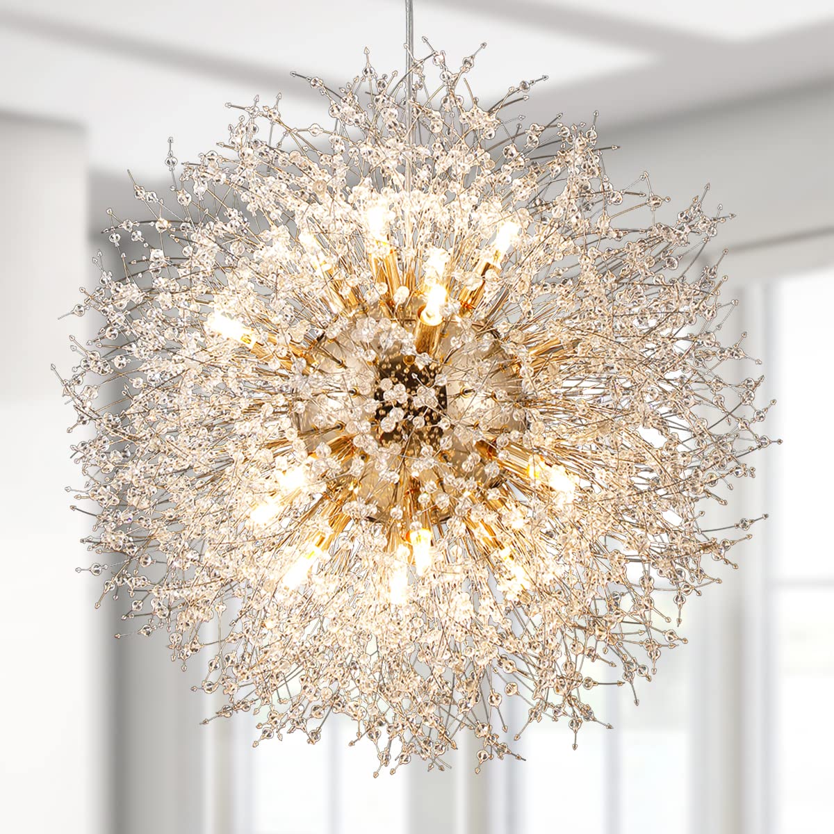16-Light Gold Crystal Chandelier - Modern Firework Pendant Light Fixture 80W, Elegant Sputnik Hanging Lights for Living Room, Bedroom, Hallway, Dining Room & Entryway - Dandelion Crystal Ceiling Lighting for Home Decor
