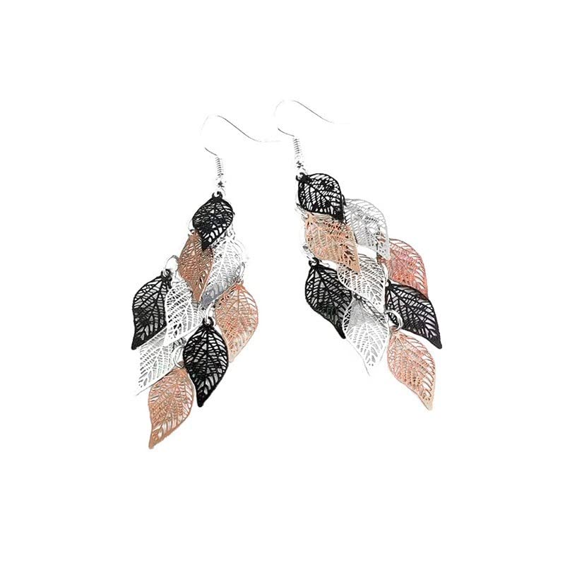 1 Pair Elegant Copper Filigree Leaf Earrings - Hollow Out Tassel Drop Dangle Earrings for Women & Girls (11 Metal Colors) - Perfect for Parties, Weddings & Everyday Fashion Accessories