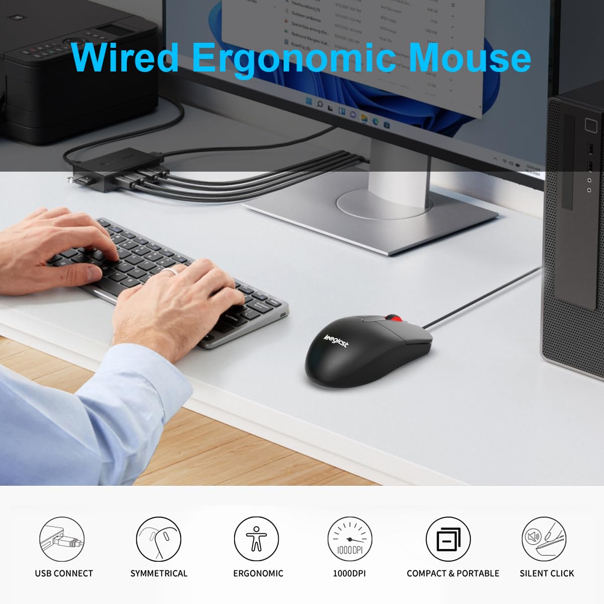 Premium M102 Wired USB Optical Mouse - 1000 DPI, 3-Button Ergonomic Design for PC, Laptop, MacBook & Chromebook | Comfort Grip Ambidextrous Mouse for Office, Gaming & Home Use | Black Modern Computer Mouse