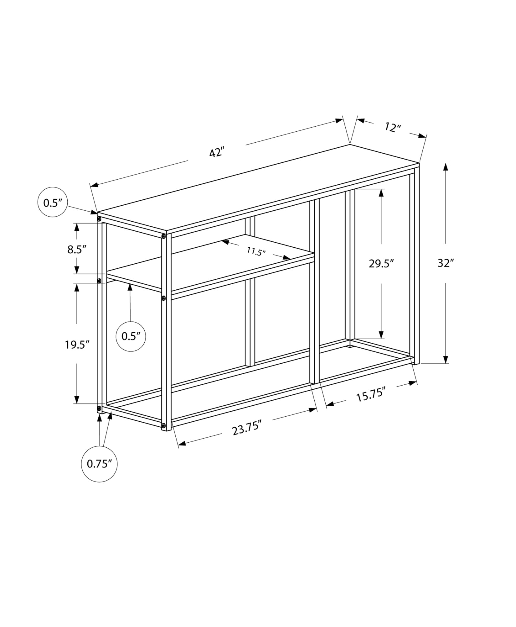 42L Grey & Black Metal Accent Table - Modern Hall Console for Entryway, Living Room & Bedroom Decor