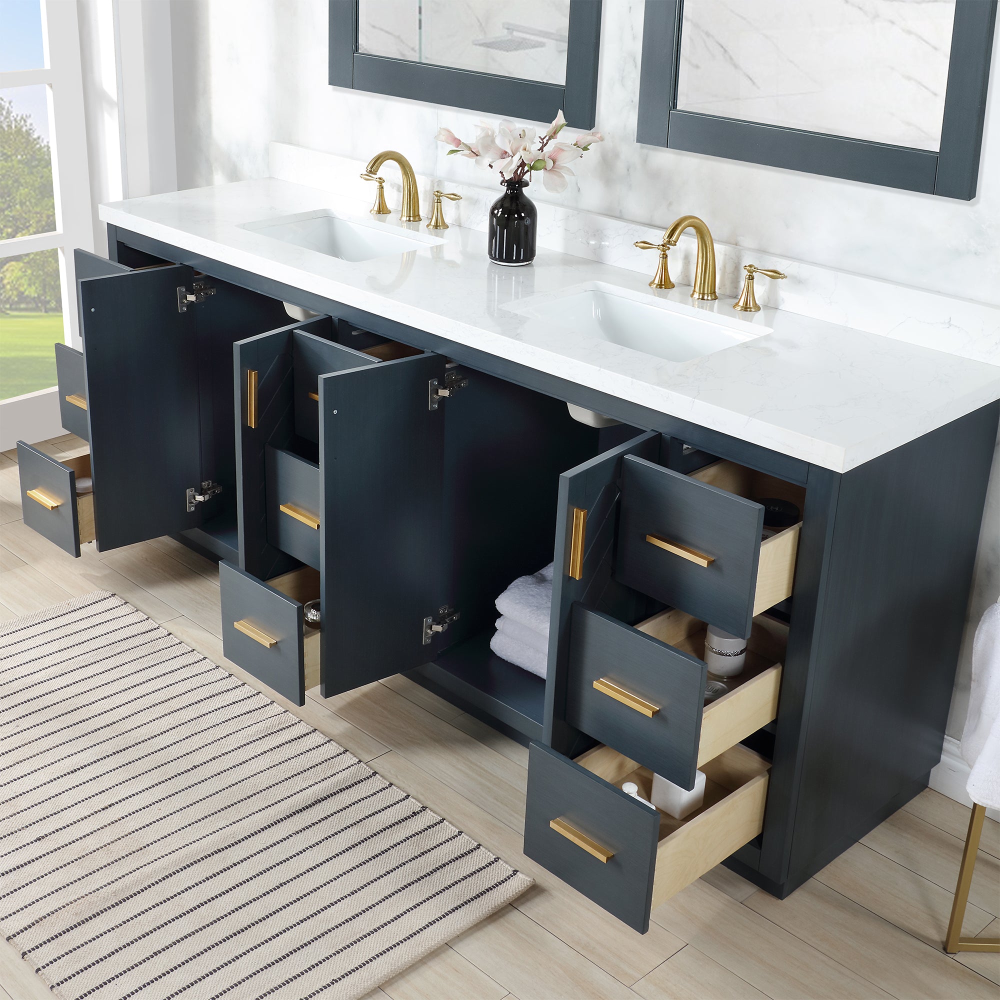 Gazsi 84 Inch Double Bathroom Vanity Set with White Engineered Stone Countertop - Modern Bathroom Storage Solution for Master Bath & Guest Bathrooms