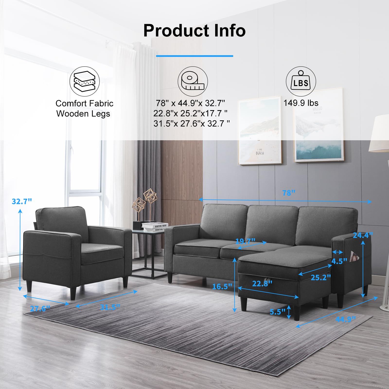 2-Piece L-Shaped Modular Sectional Sofa Set with Chaise & Storage - Modern Living Room Couch & Armchair Set for Small Spaces, Apartments, and Family Gatherings