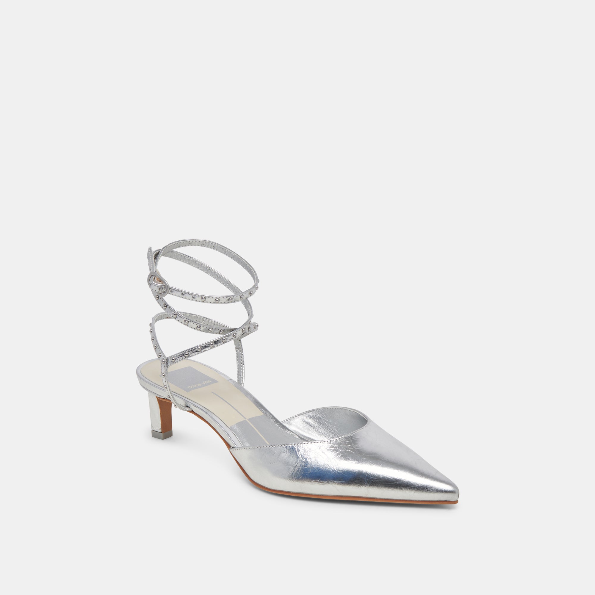 LOKLYN Studded High Heels - Silver Crinkle Patent Leather Women's Shoes for Party, Night Out & Special Occasions