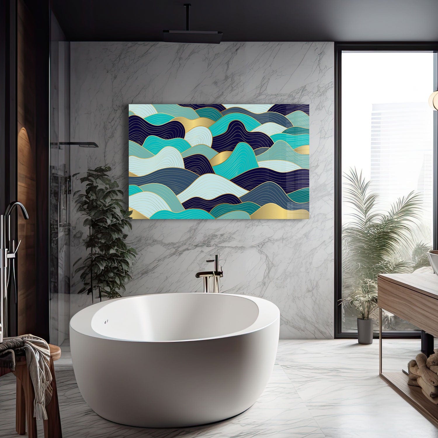 Shades of Blue Waves Tempered Glass Wall Art - Ocean Themed Home Decor for Living Room, Bedroom & Office
