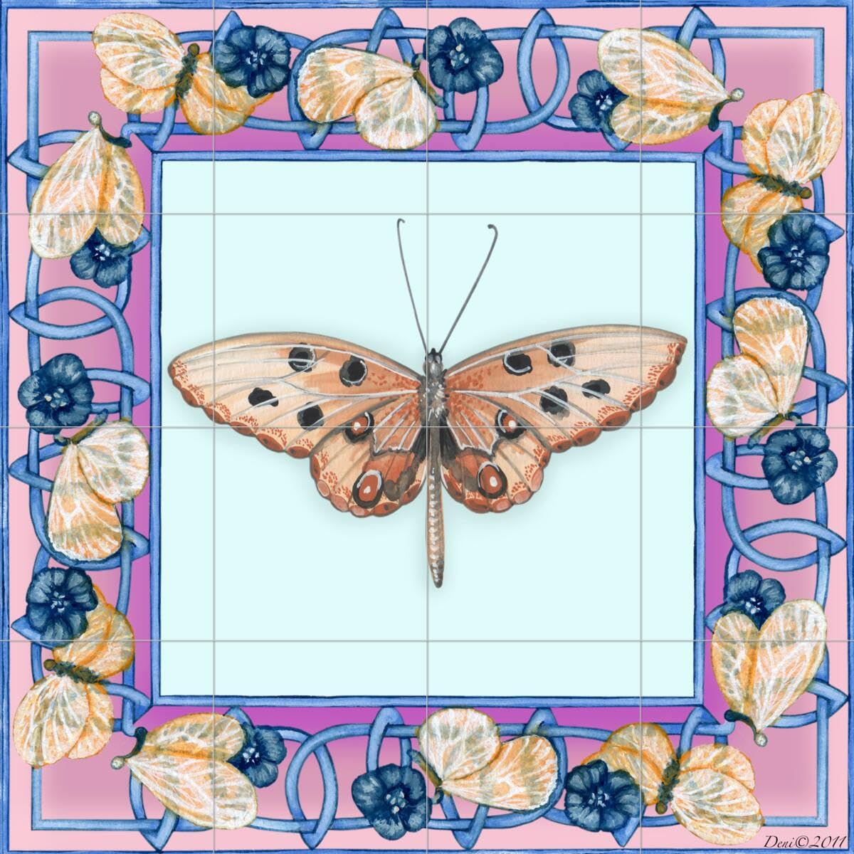 Denise Freeman Butterfly Square 4 Ceramic Backsplash Tile Mural for Kitchen & Bathroom - Waterproof Peel & Stick Wall Decor - Perfect for Backsplash, Shower Walls & Home Renovation