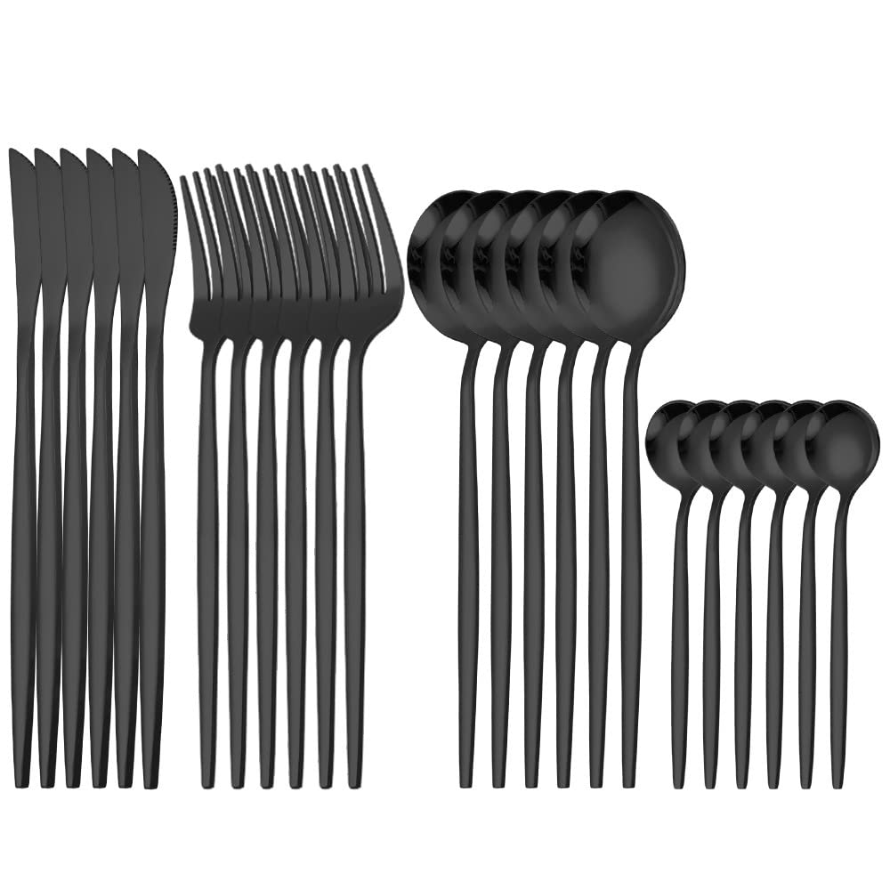Premium STAR WORK Matte Black Flatware Set - 24-Piece Stainless Steel Forks & Spoons for Home, Kitchen, Restaurant & Hotel Use - Satin Finish, Dishwasher Safe - Elegant Dining Utensils for Everyday Meals, Dinner Parties & Catering Events