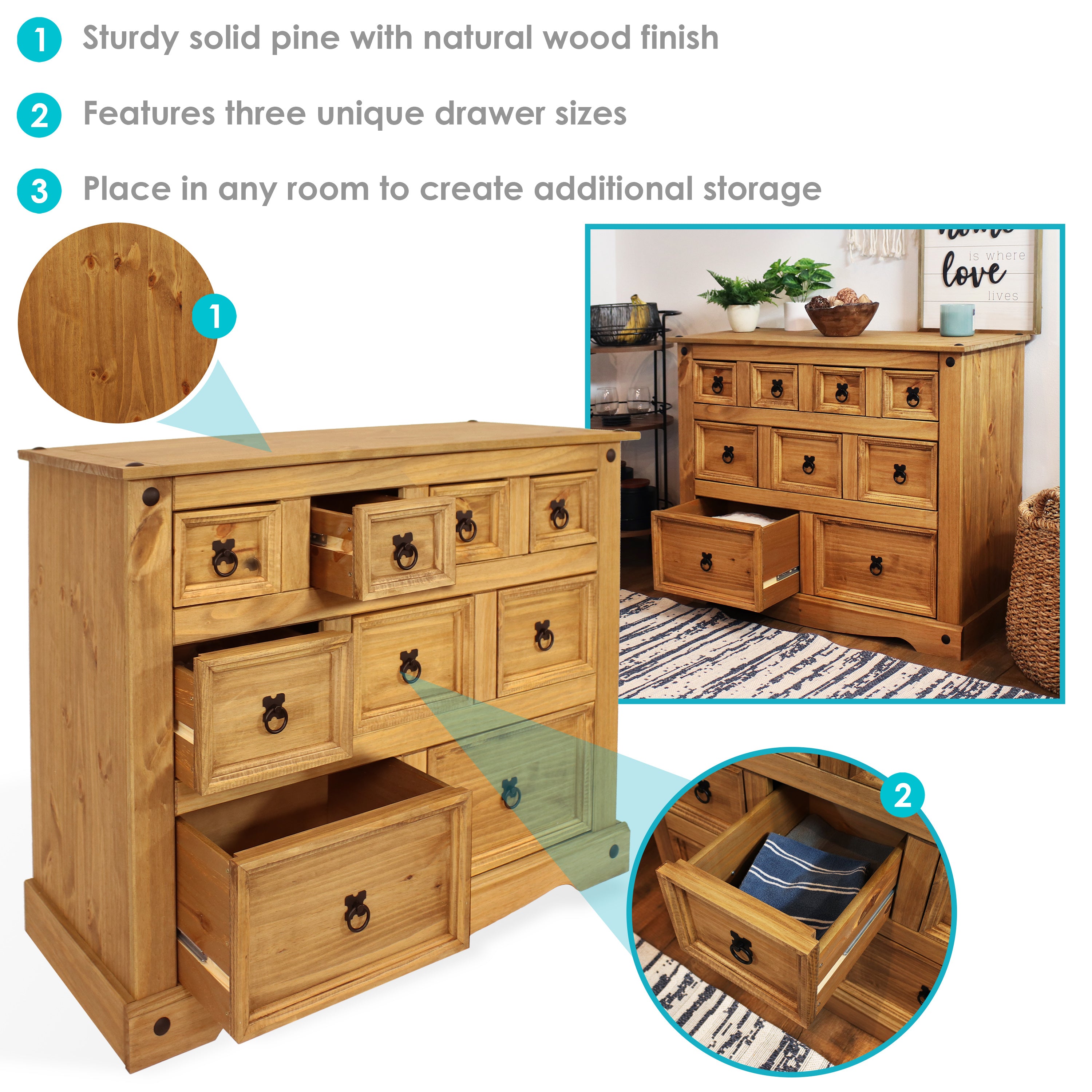 Sunnydaze 9-Drawer Rustic Wooden Dresser - Light Brown Finish, 39.75