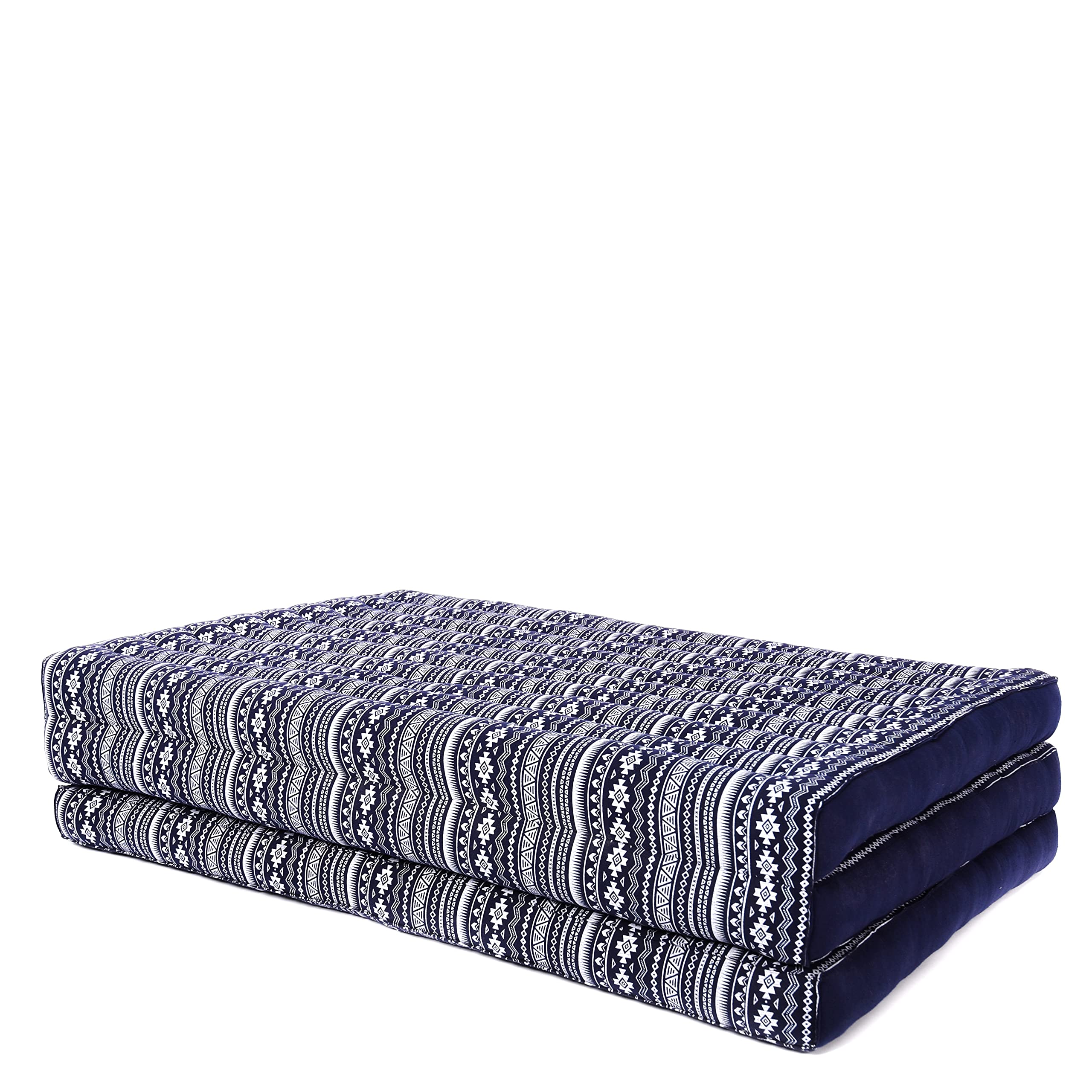 LEEWADEE XL Trifold Mattress - Eco-Friendly Kapok Filled Thai Massage Pad, Foldable Floor Mattress for Yoga, Meditation & Guest Bed (79x39 Inches, Blue White) - Perfect for Home, Spa & Travel Use