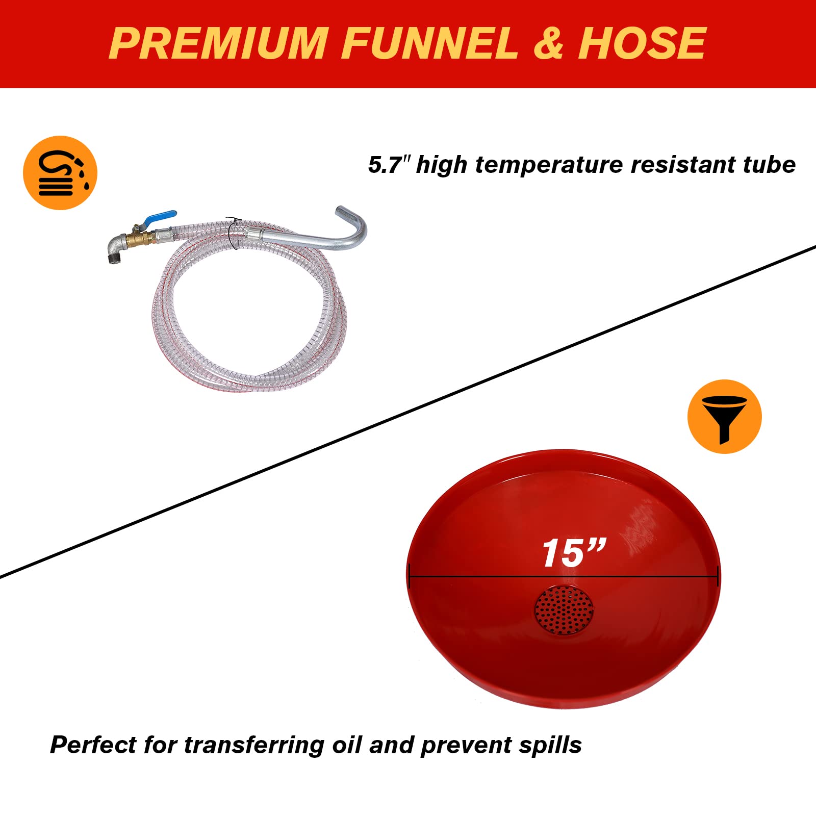 18 Gallon Oil Drain Tank with Hand Pump - Portable Pressurized Air Operated Fluid Drain Container for Car, SUV & Truck Oil Changes - Adjustable Funnel Height & Dolly Wheels (Red) - Perfect for Auto Shops, Home Garages & Quick Lube Stations