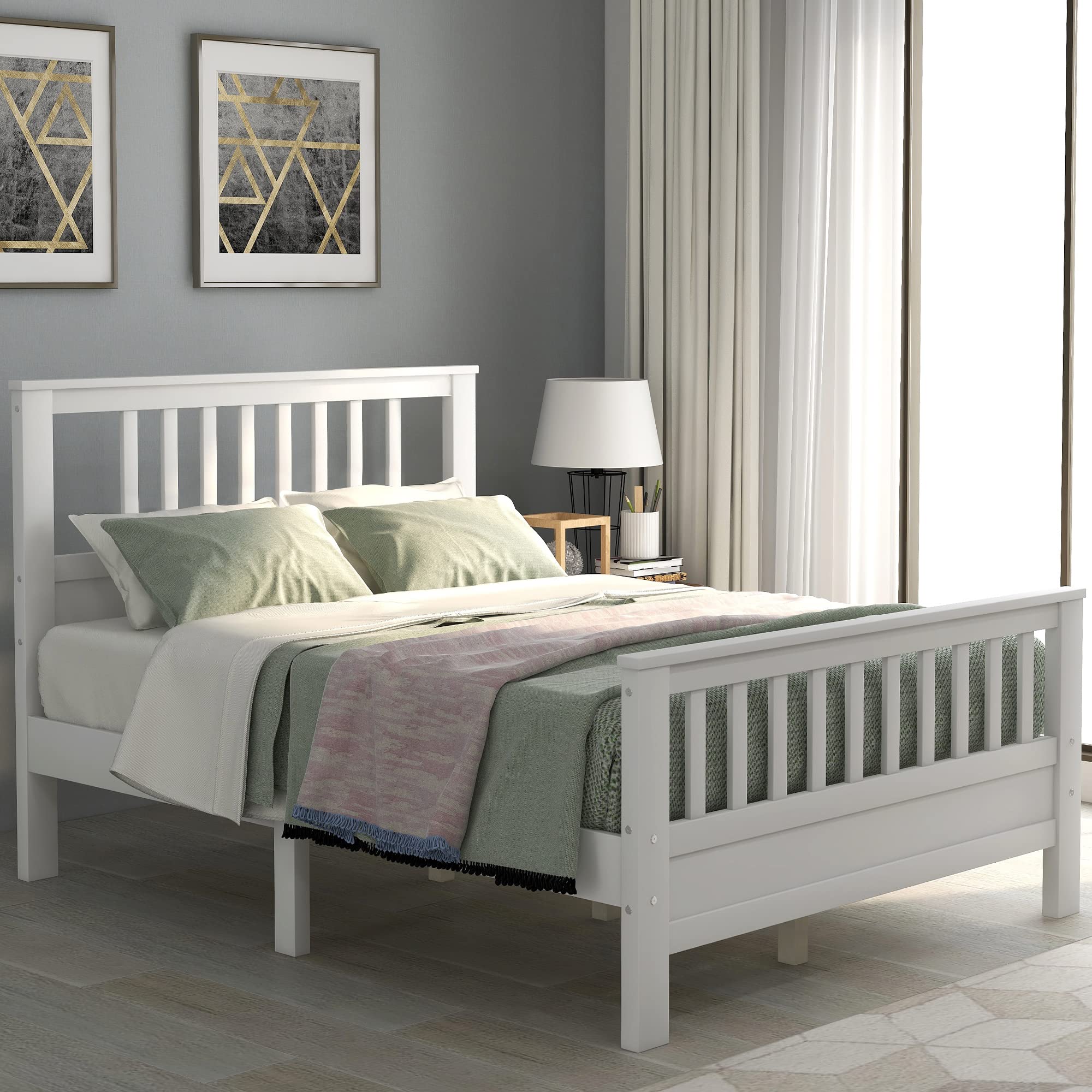 Merax White Full Size Wood Platform Bed Frame with Headboard & Footboard - Sturdy Slat Support, No Box Spring Needed - Perfect for Modern Bedrooms & Guest Rooms